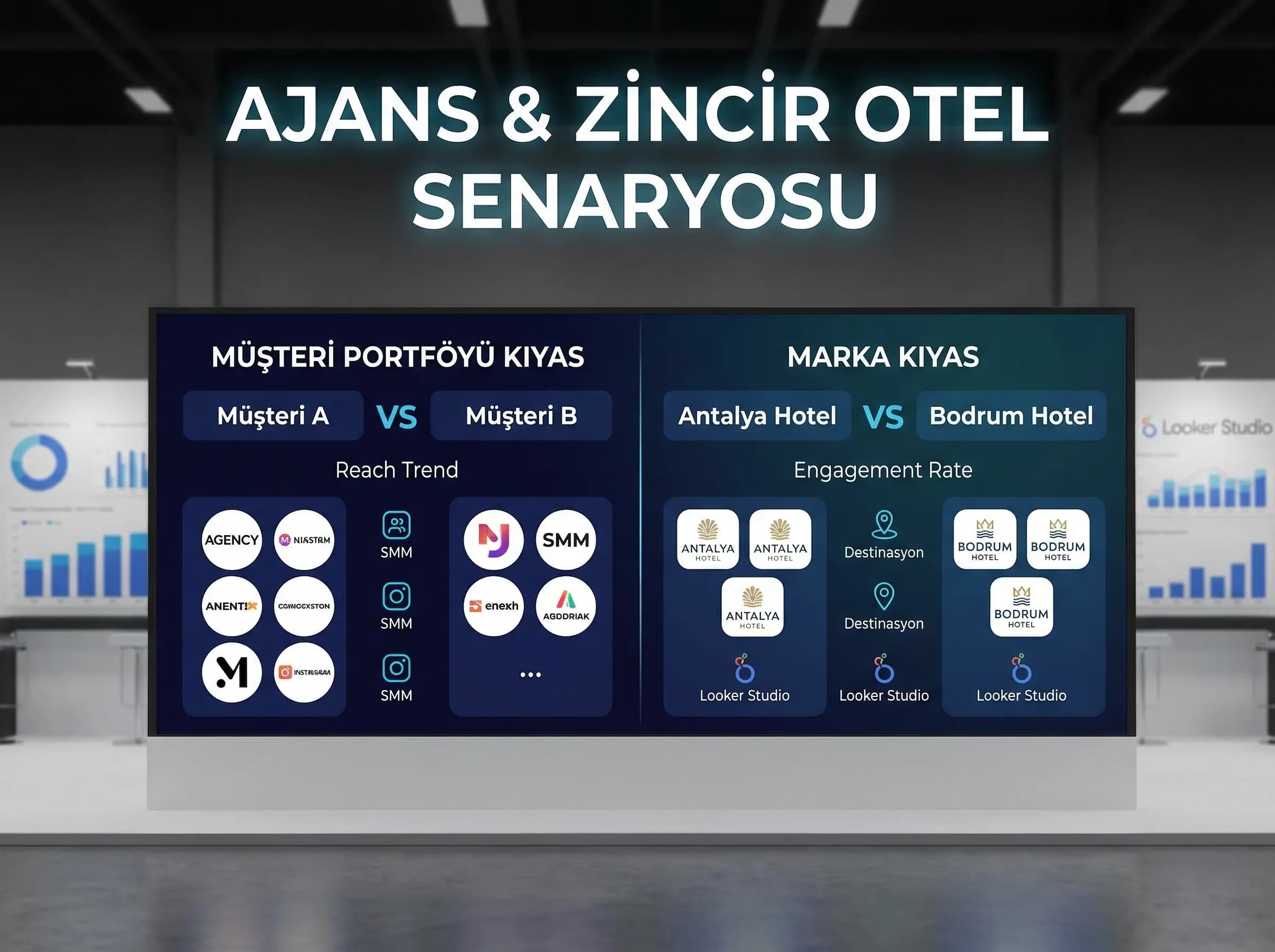 Ajans ve zincir otel portföy dashboard senaryosu, raporlama hiyerarşisi, kıyas paneli