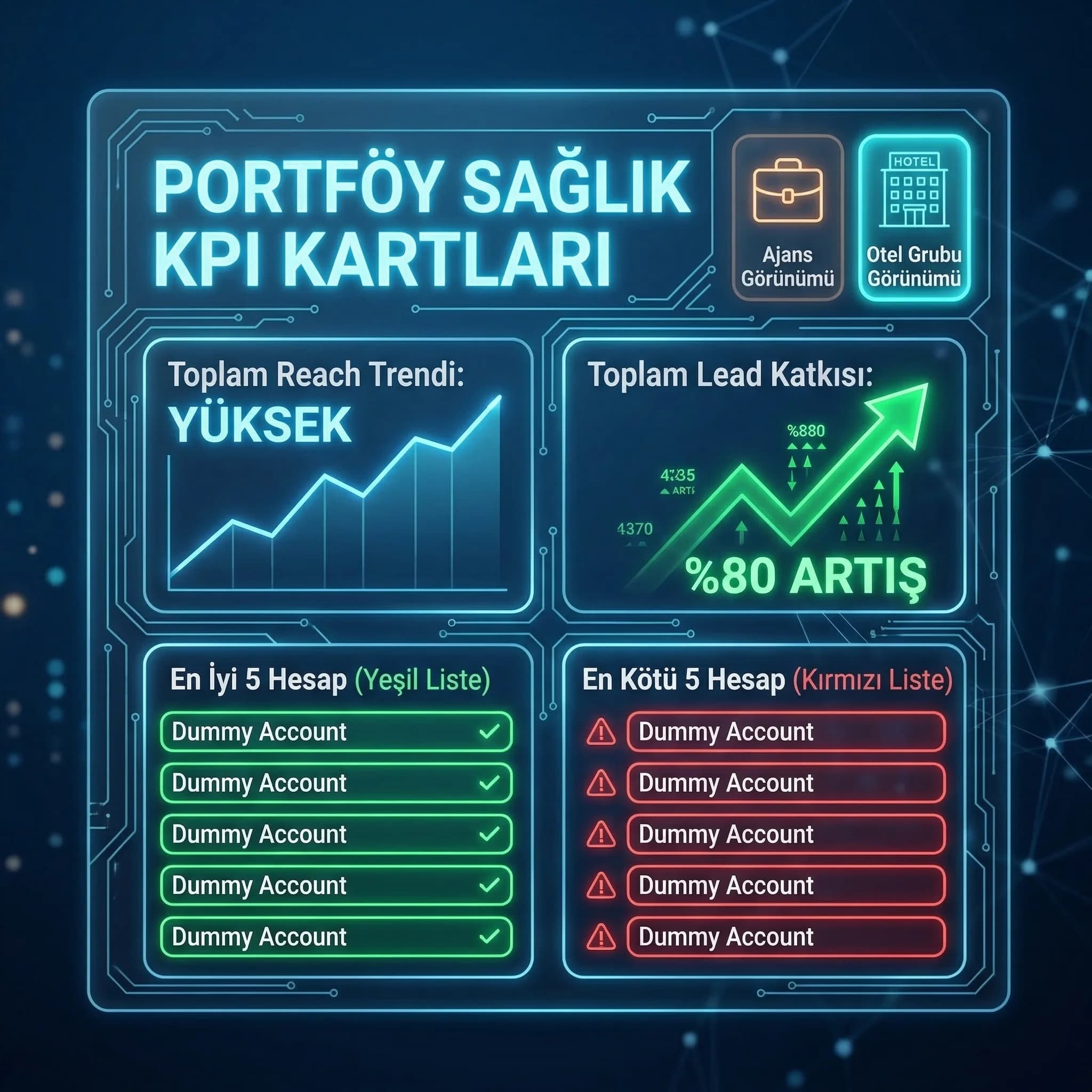 Portföy sağlık KPI kartları, en iyi en kötü hesaplar, ajans ve otel grubu görünümü