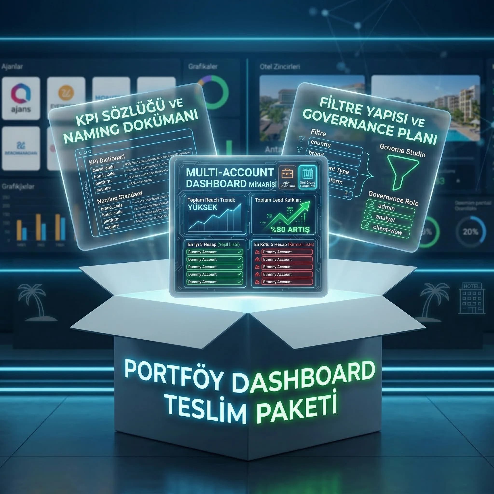 Portföy dashboard teslim paketi, KPI sözlüğü ve filtre yapısı, multi-brand rapor