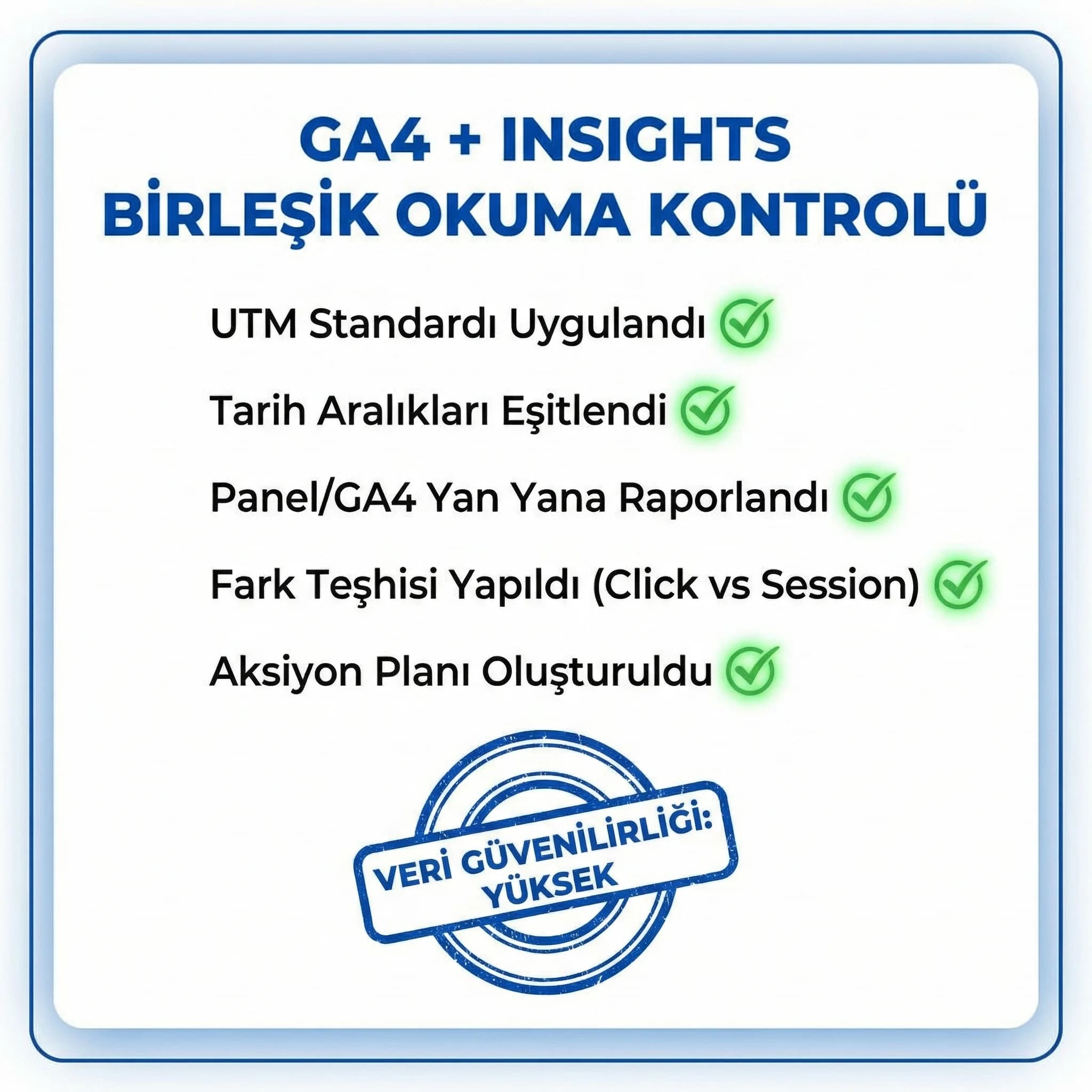 GA4 ve insights checklist’i, UTM sağlık kontrolü, otel pazarlaması raporu