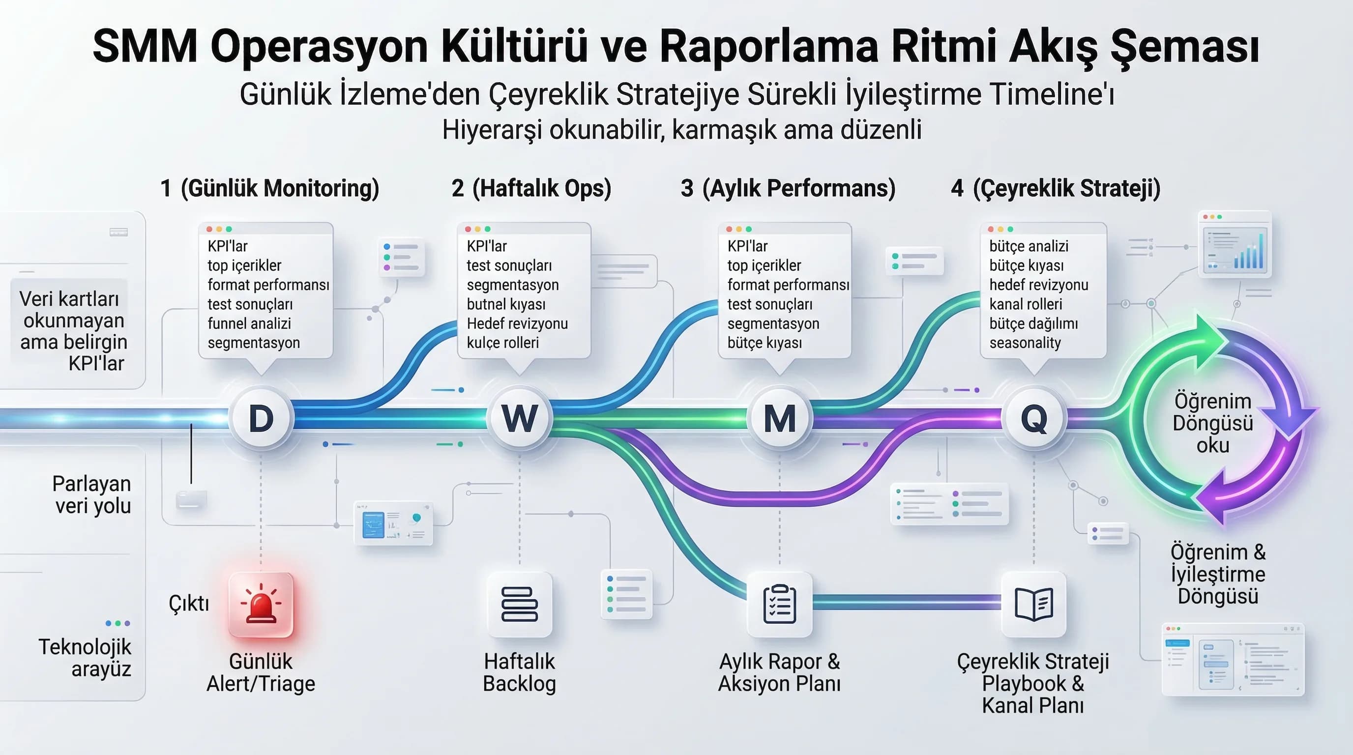 Sosyal medya analiz ritmi timeline diyagramı, öğrenim döngüsü, operasyon kültürü