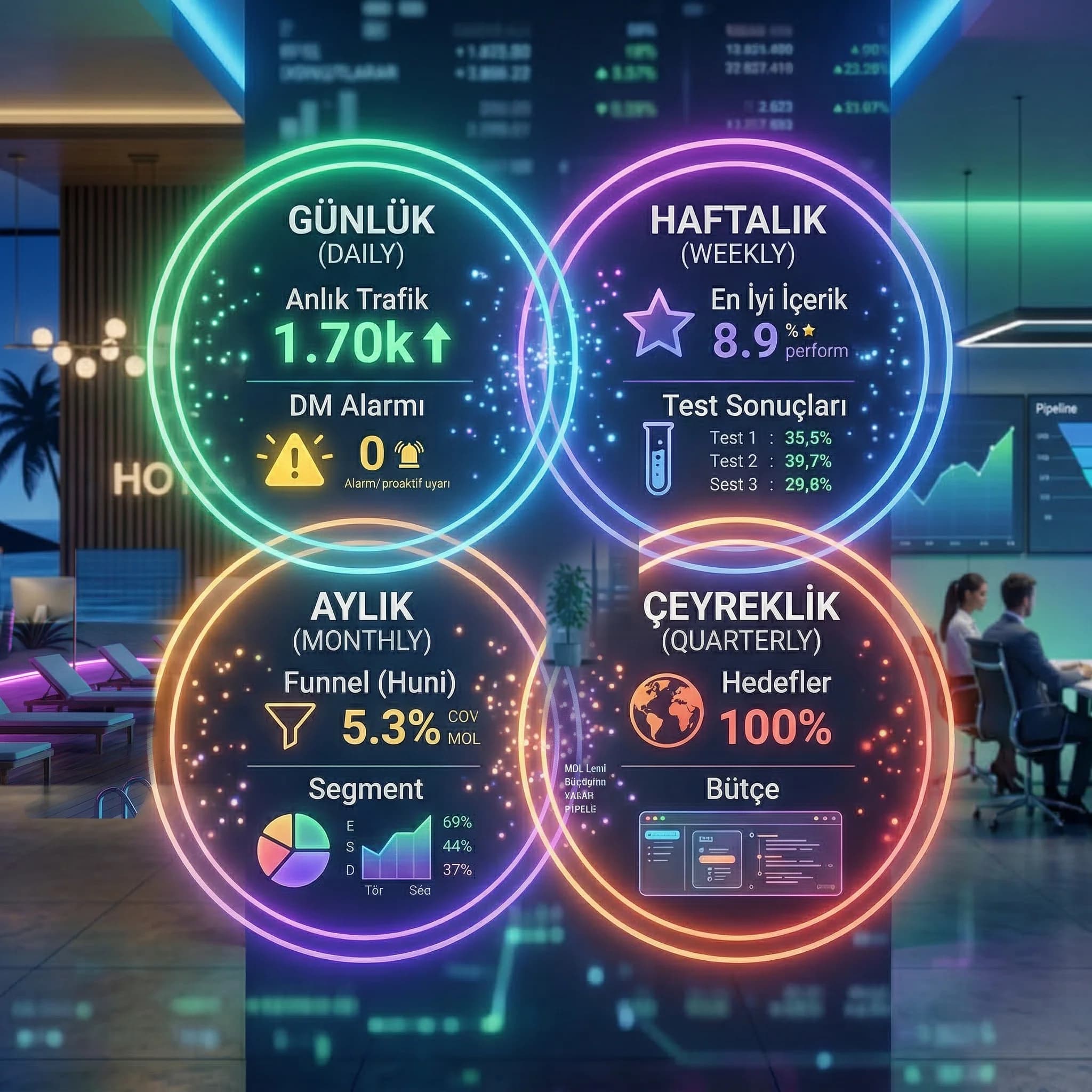 Seviye bazlı KPI kartları, günlükten çeyreğe ölçüm seti, otel ve B2B raporu