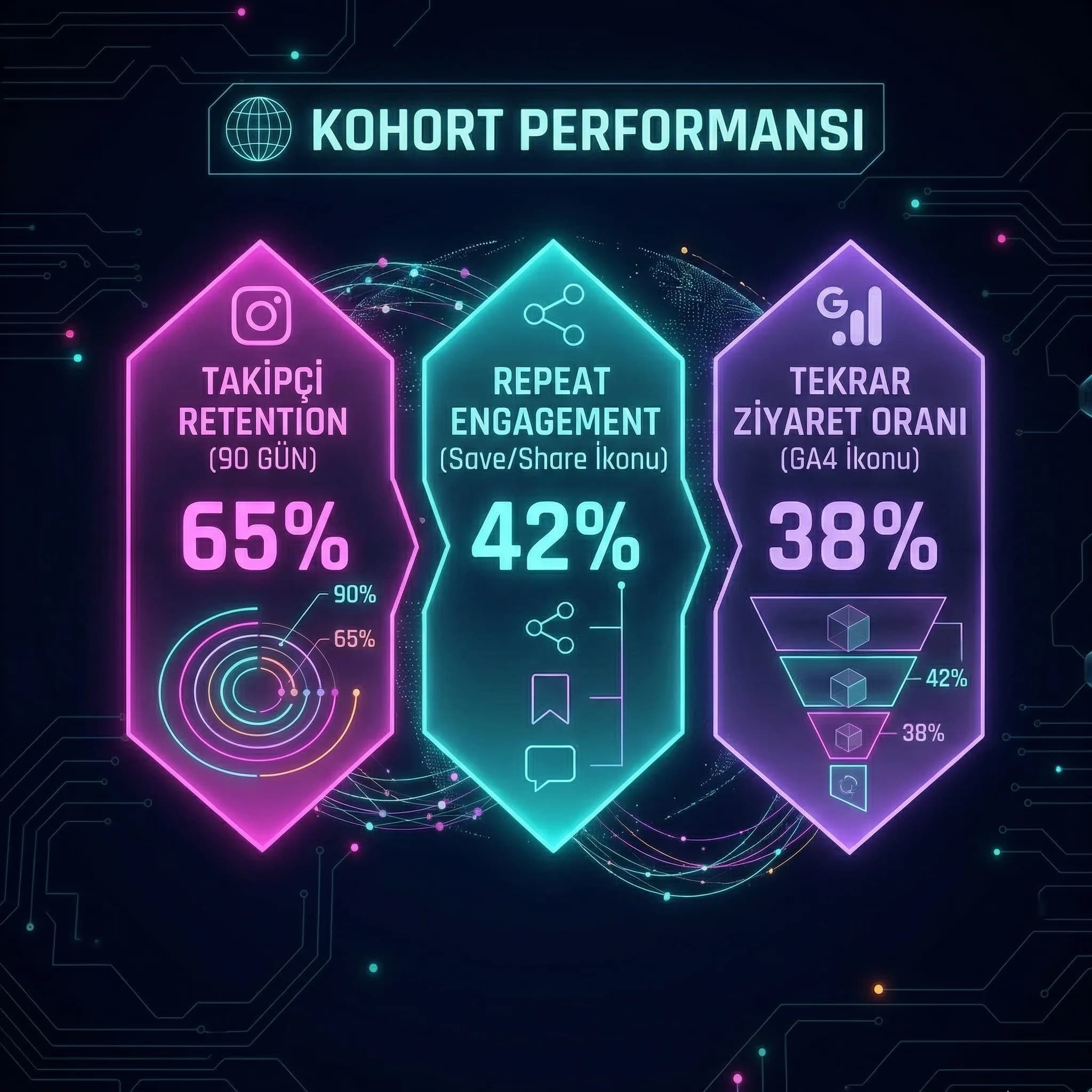 Retention KPI kartları, repeat engagement ve repeat visit, kohort performansı