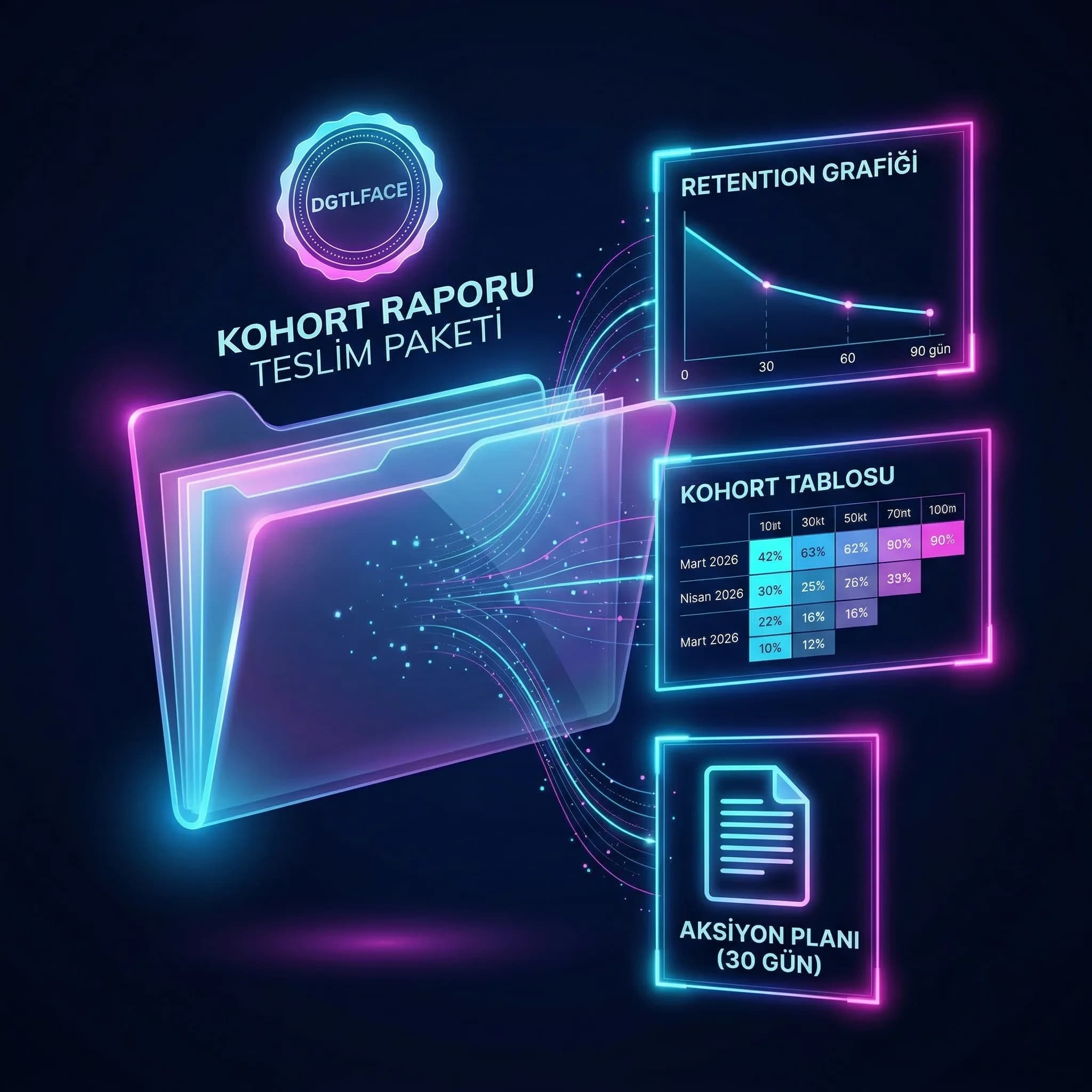 Kohort raporu teslim paketi, retention grafikleri ve tablo, aksiyon planı
