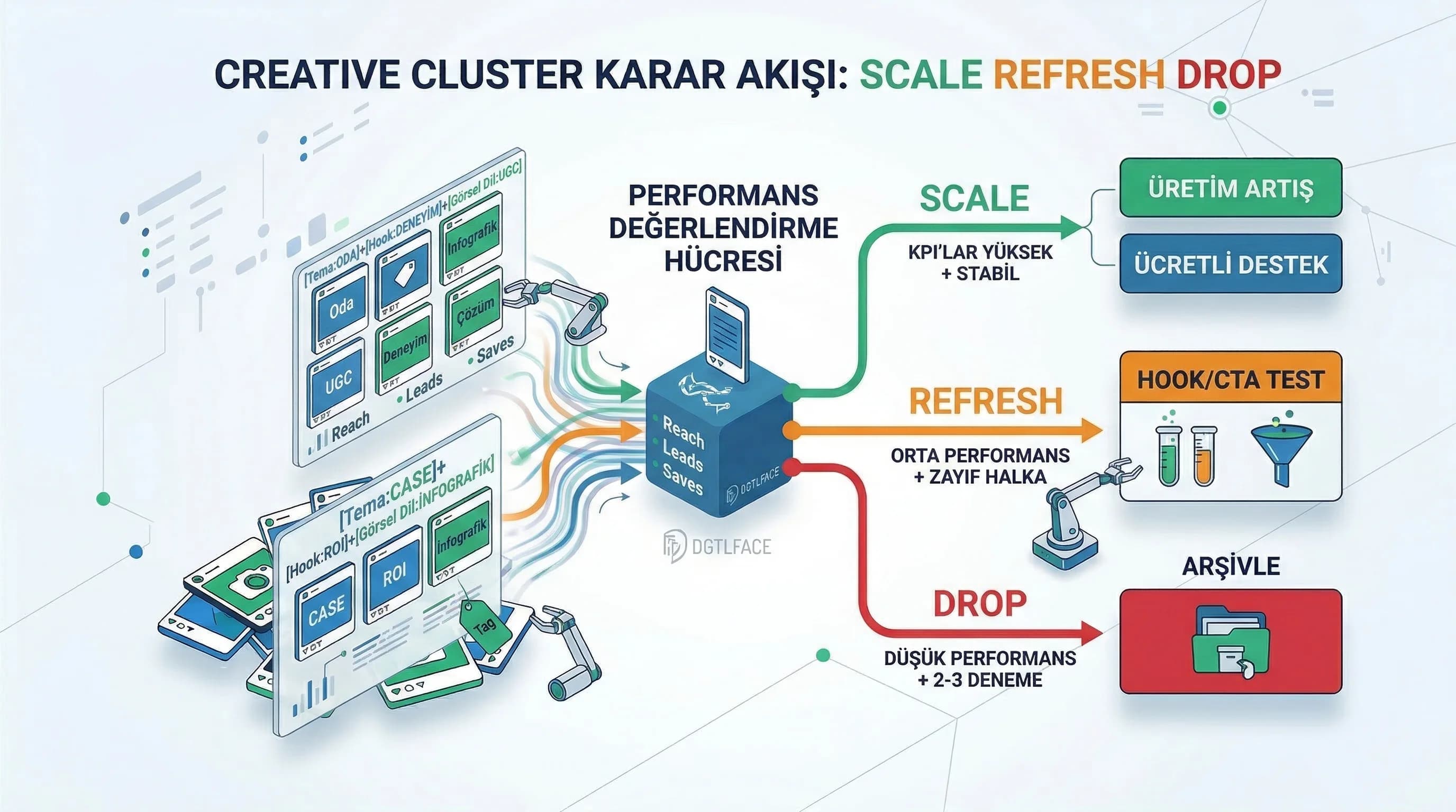 Creative cluster aksiyon akışı, scale refresh drop karar modeli, optimizasyon süreci