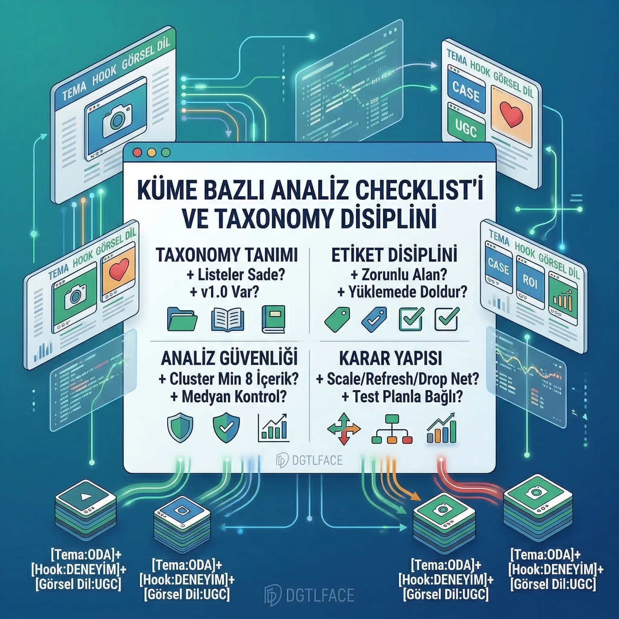 Küme bazlı analiz checklist’i, taxonomy ve etiket disiplini, SMM ops