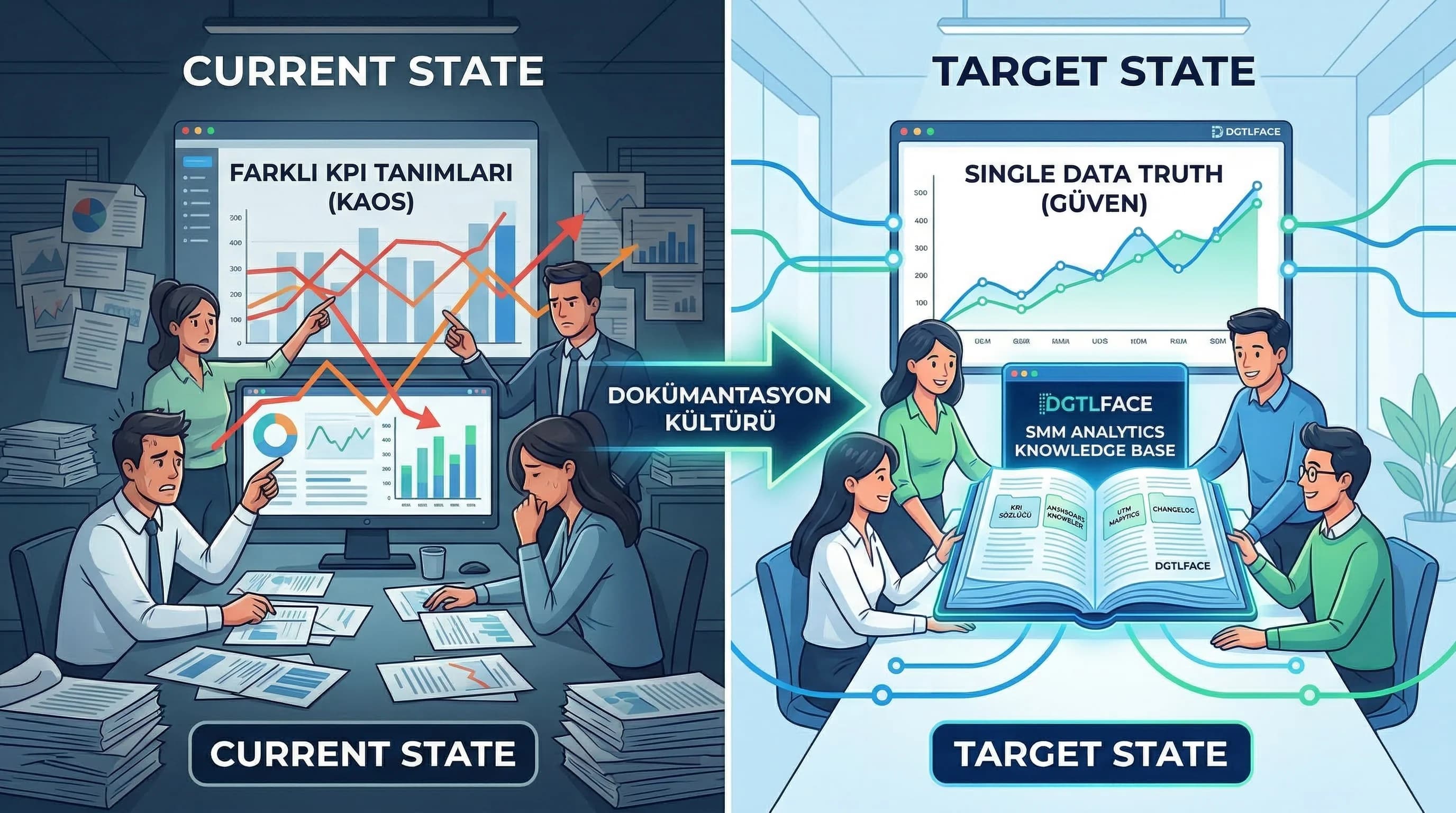 Tek veri gerçekliği, KPI standardizasyonu, analytics ops kültürü, ekip uyumu