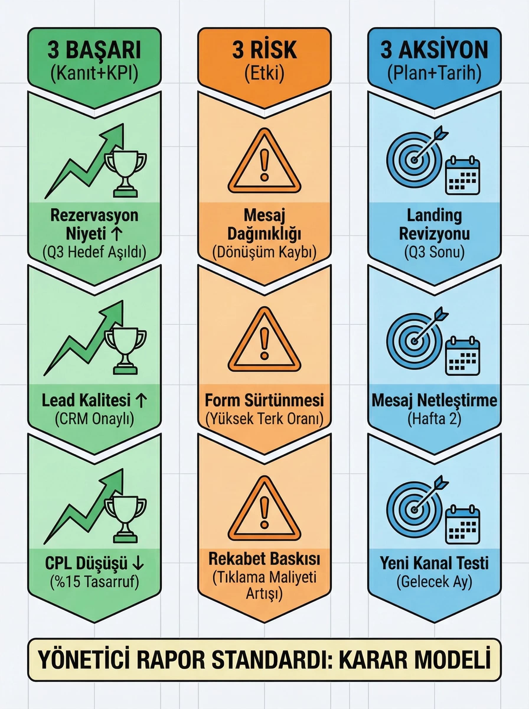 3 başarı 3 risk 3 aksiyon modeli, rapor standardı, otel ve B2B örnekleri