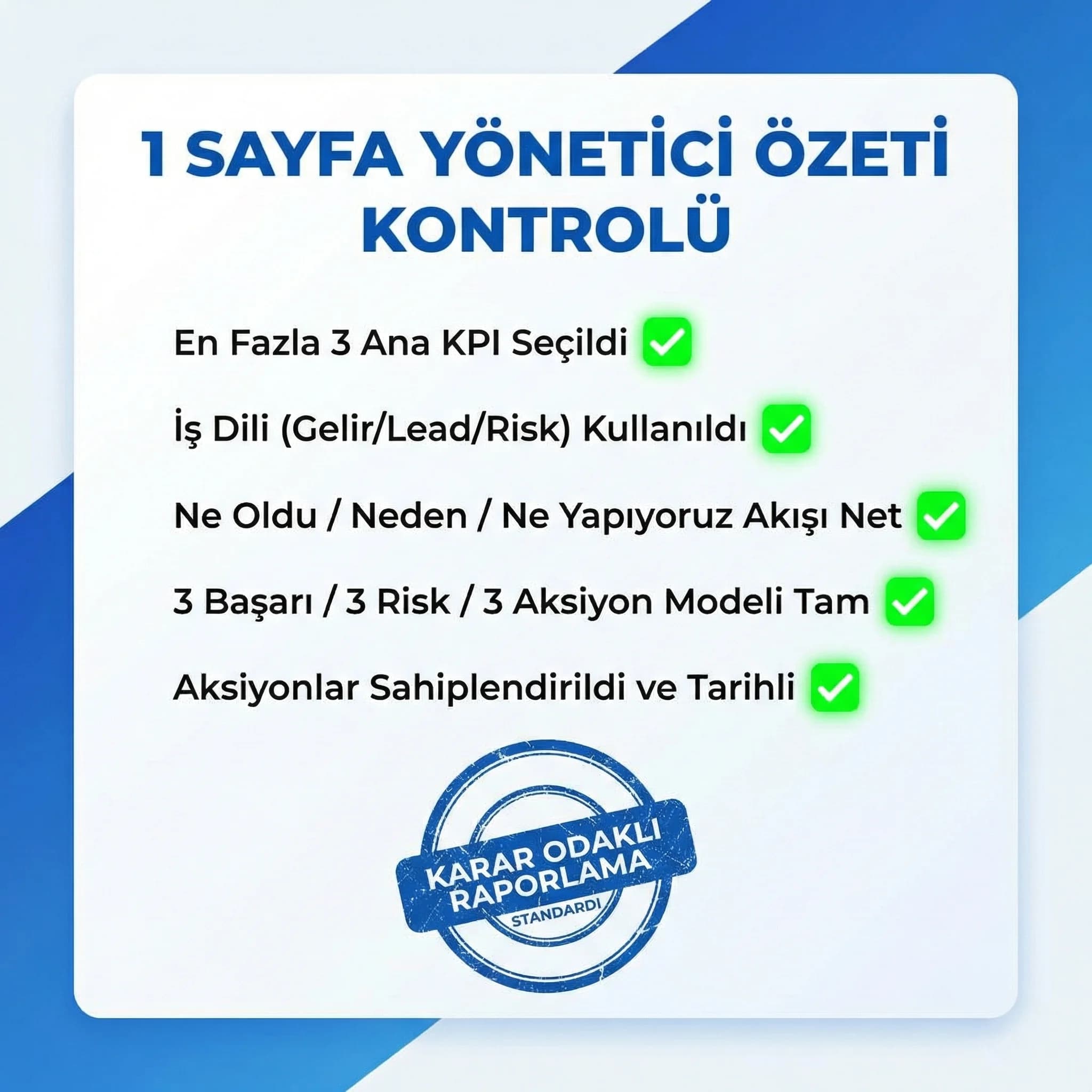 Yönetici özeti checklist’i, 1 sayfa rapor, sosyal medya raporlama standardı