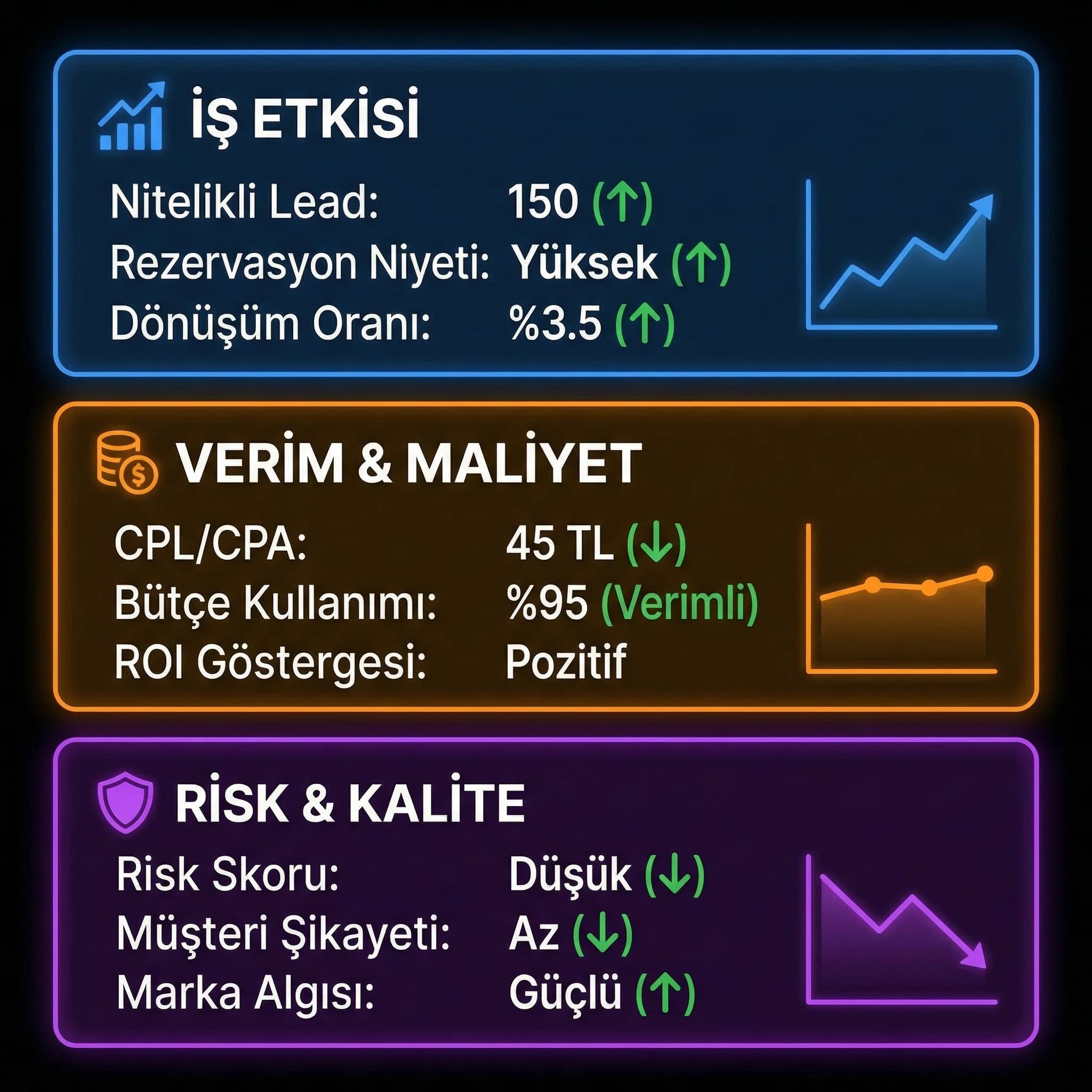 KPI kartları ve mini grafikler, yönetici raporu görselleştirme, iş dili