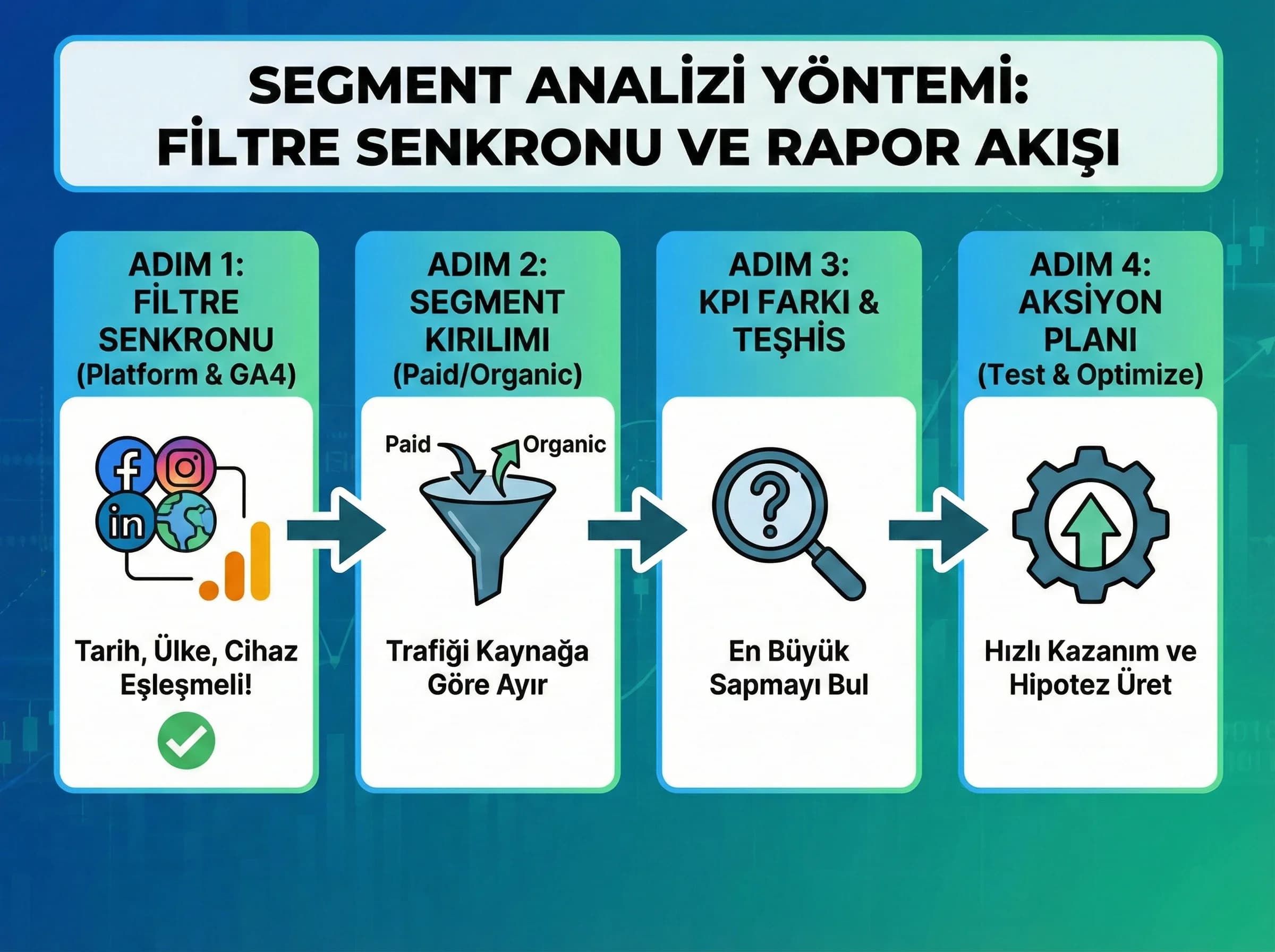 Segment analizi yöntemi, filtre senkronu, GA4 ve platform raporlama