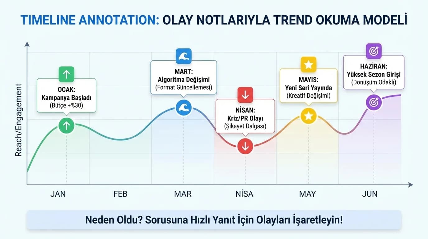 Timeline annotation diyagramı, kampanya kriz algoritma etkisi, trend okuma modeli