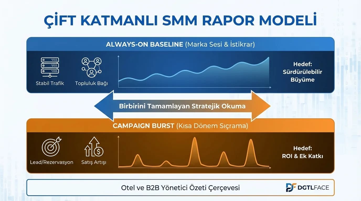 Dual-layer raporlama, baseline ve kampanya spike’ları, yönetici özeti çerçevesi