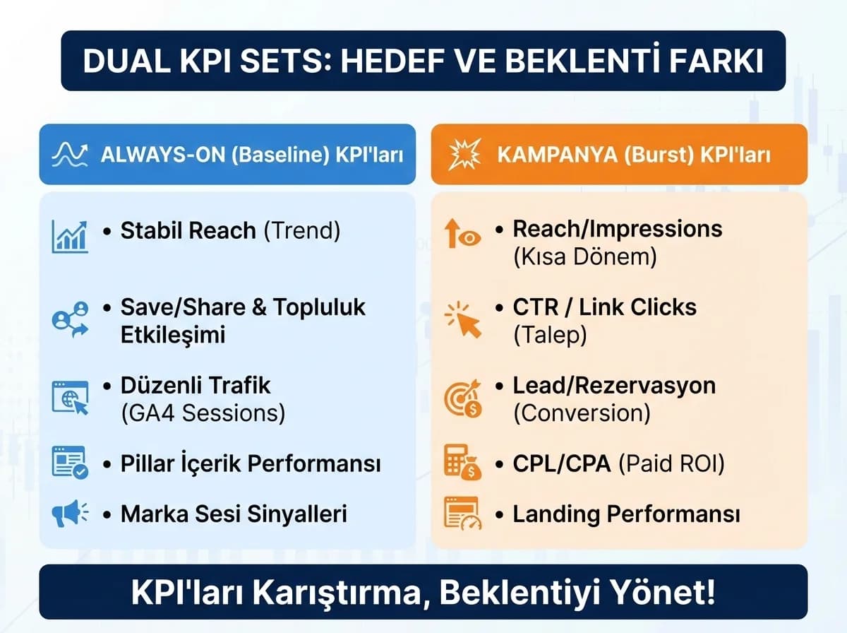 KPI seti ayrımı, kampanya vs always-on, sosyal medya rapor standardı