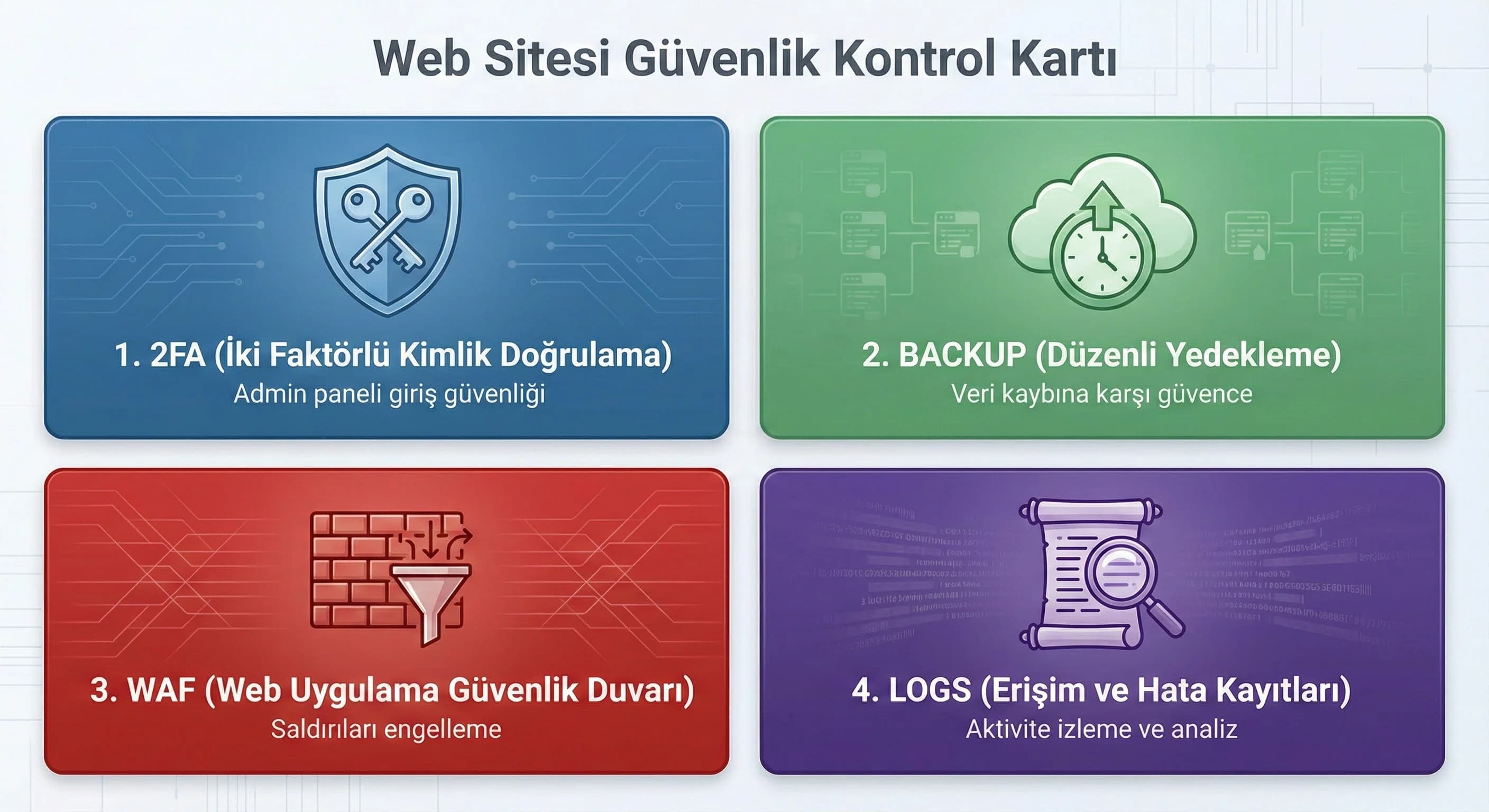 Güvenlik kontrol kartı (2FA • Backup • WAF • Logs)