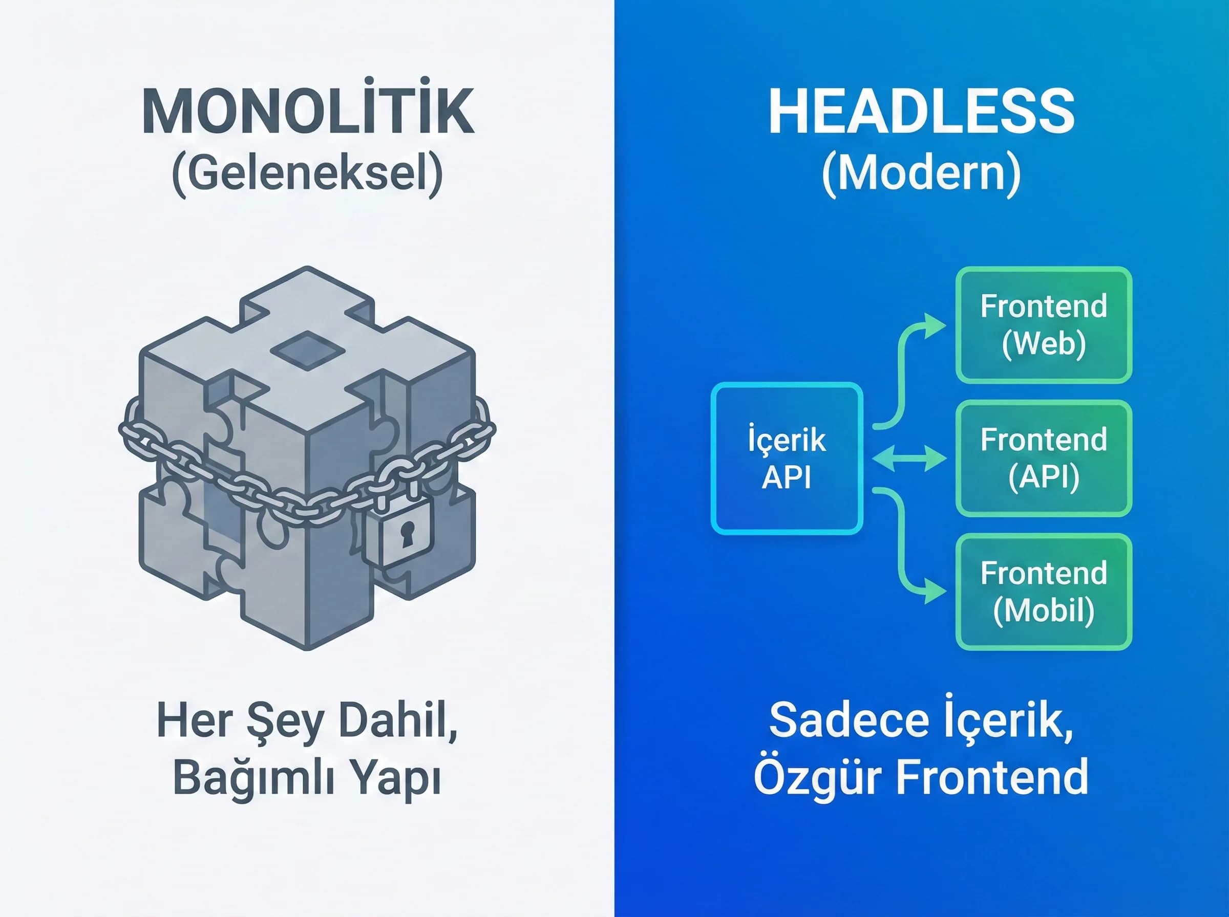 Monolitik CMS ve headless ayrımı bölüm ayırıcı, kurumsal web karar rehberi