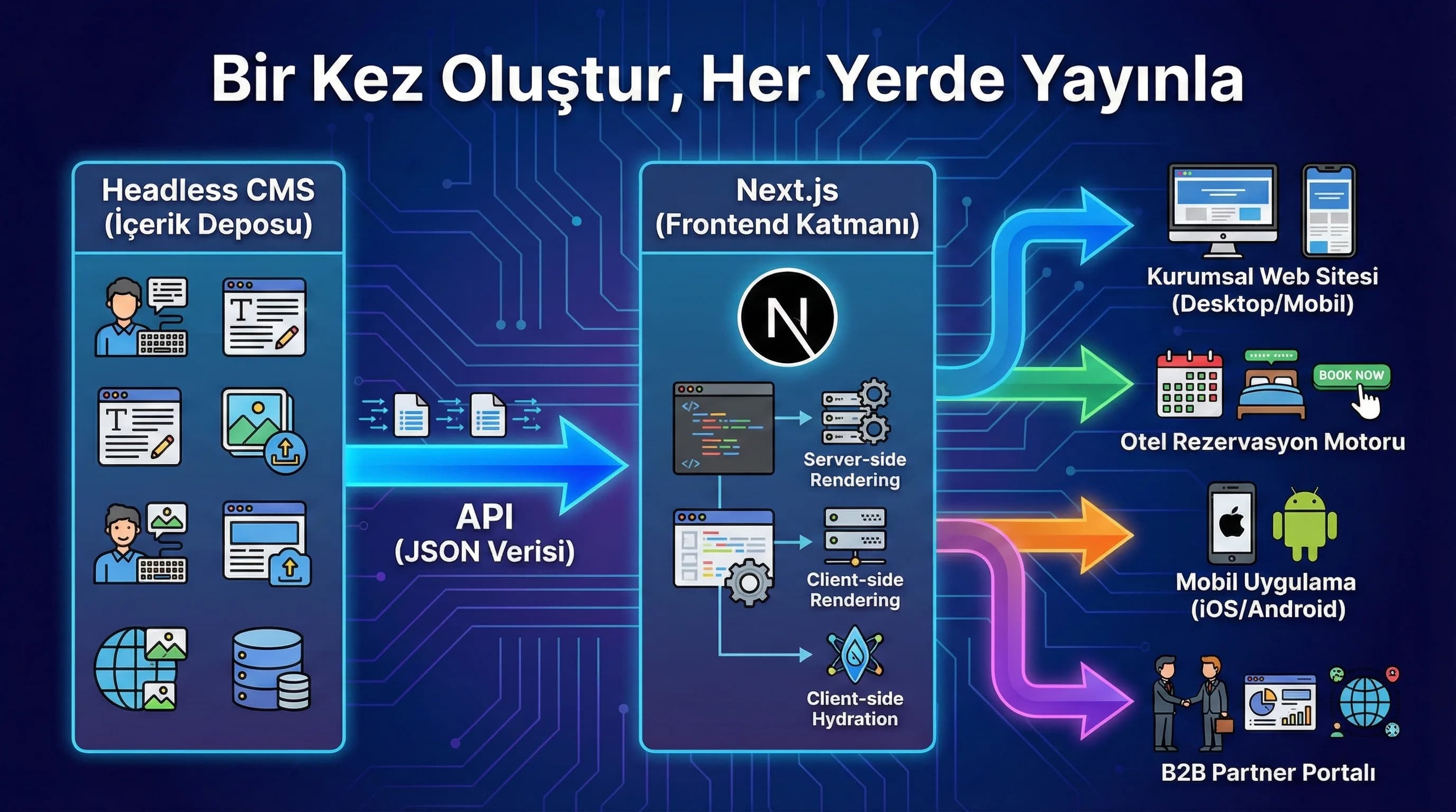 Headless CMS + Next.js içerik akışı diyagramı, otel ve B2B çok kanallı yapı”