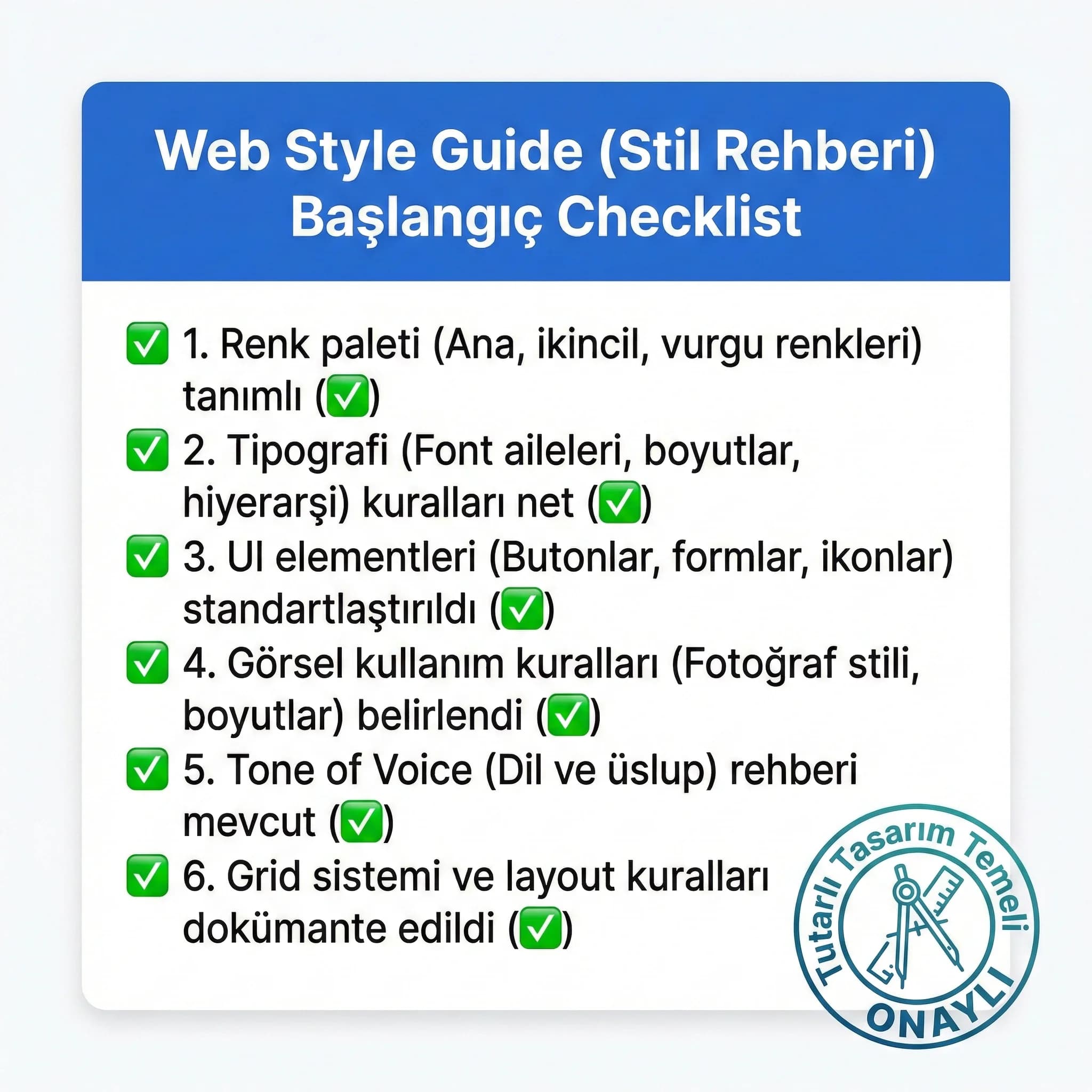 Style guide başlangıç checklist kartı, otel ve B2B web sitesi tutarlılığı