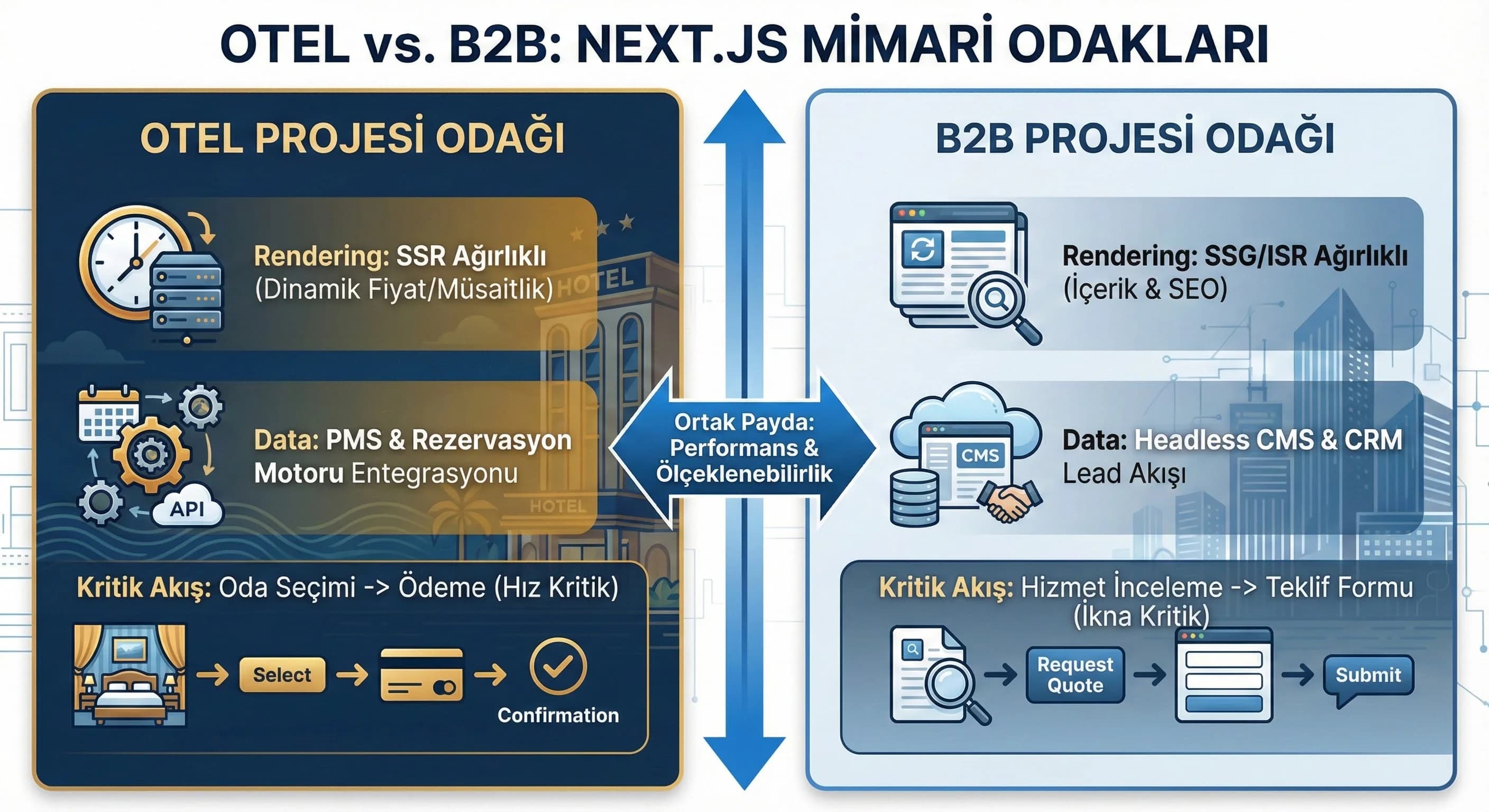 Otel ve B2B örnek mimariler: aynı Next.js, farklı kritik katmanlar