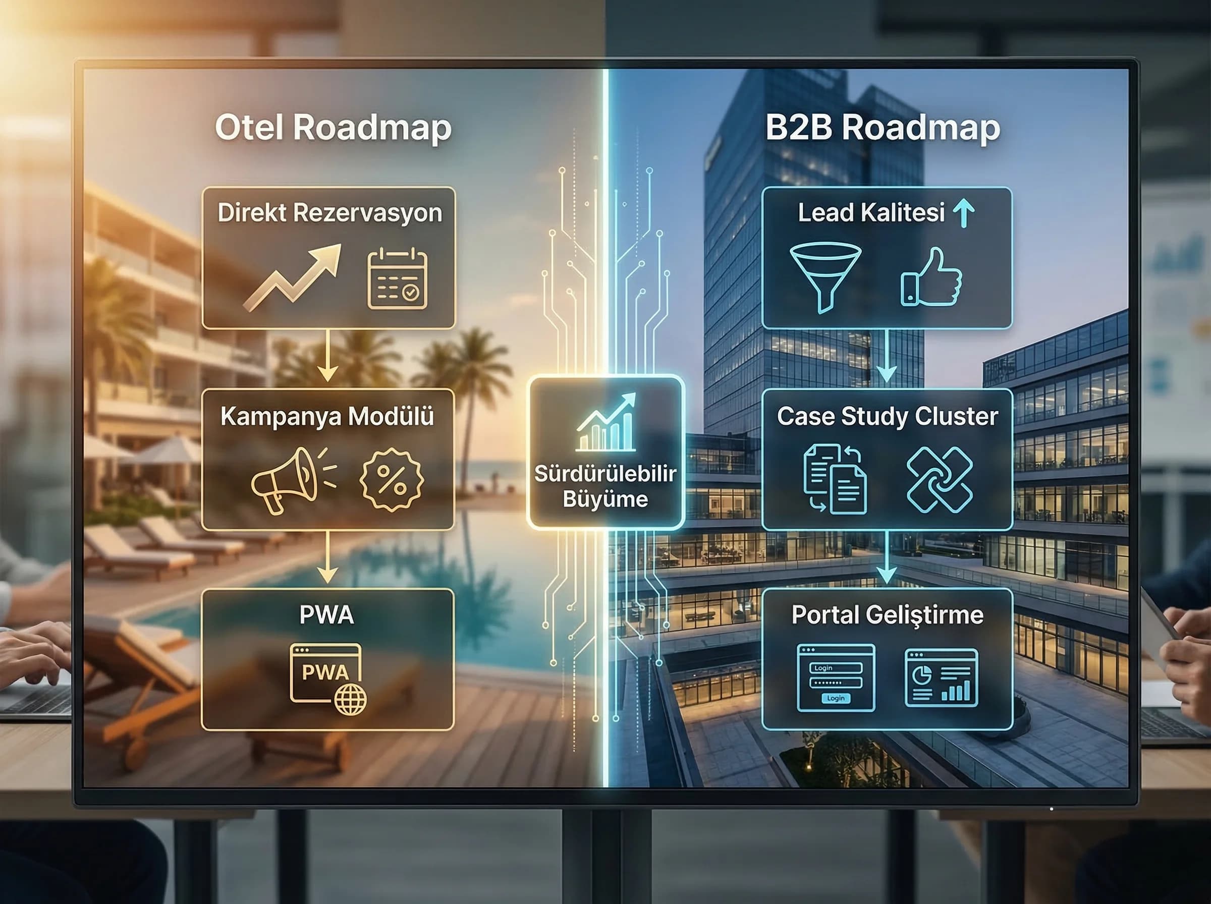 Roadmap örnekleri bölüm ayırıcı, otel ve B2B’de sürdürülebilir büyüme