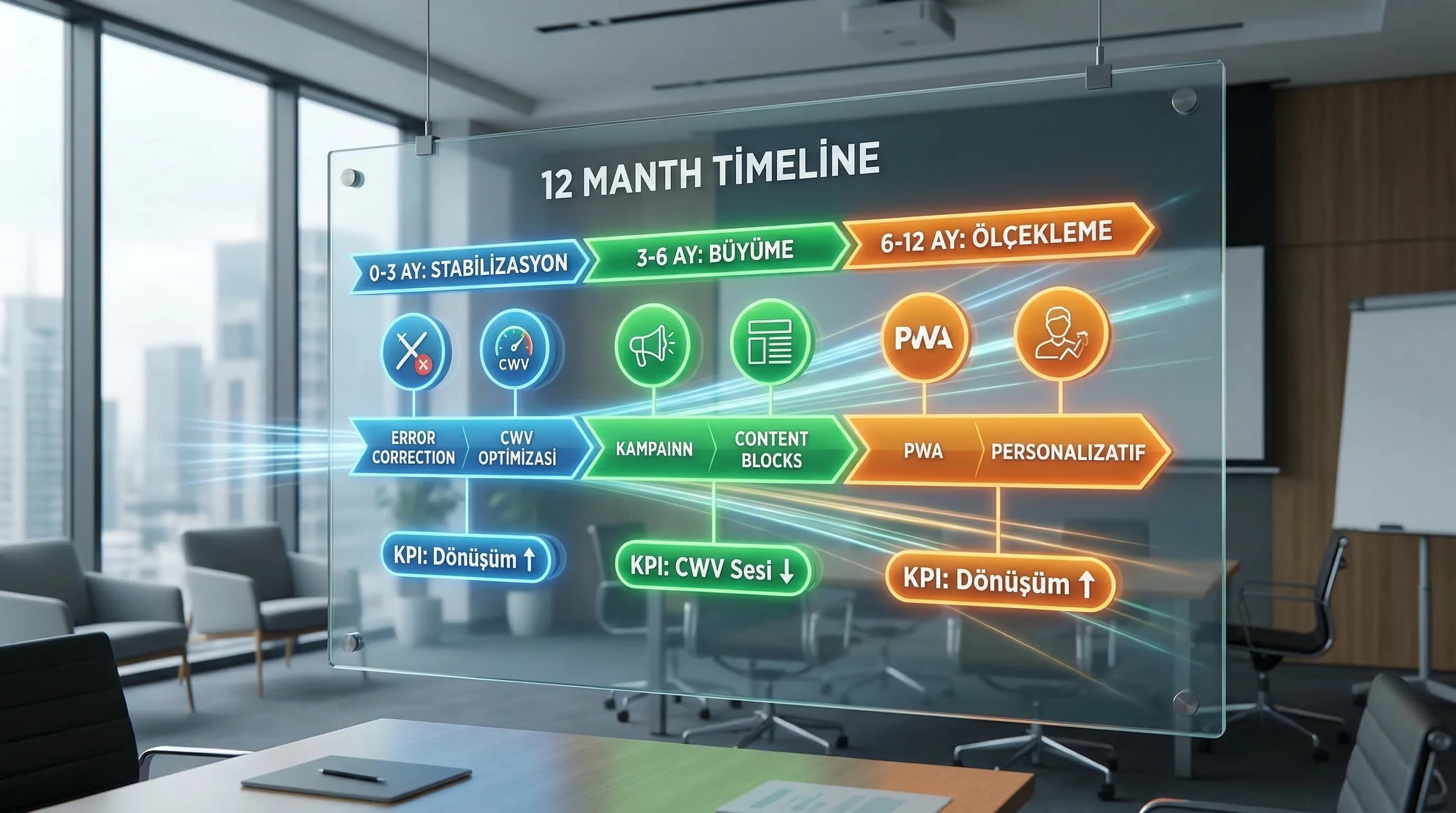 Web sitesi yaşam döngüsü timeline diyagramı, otel ve B2B için 12 aylık plan