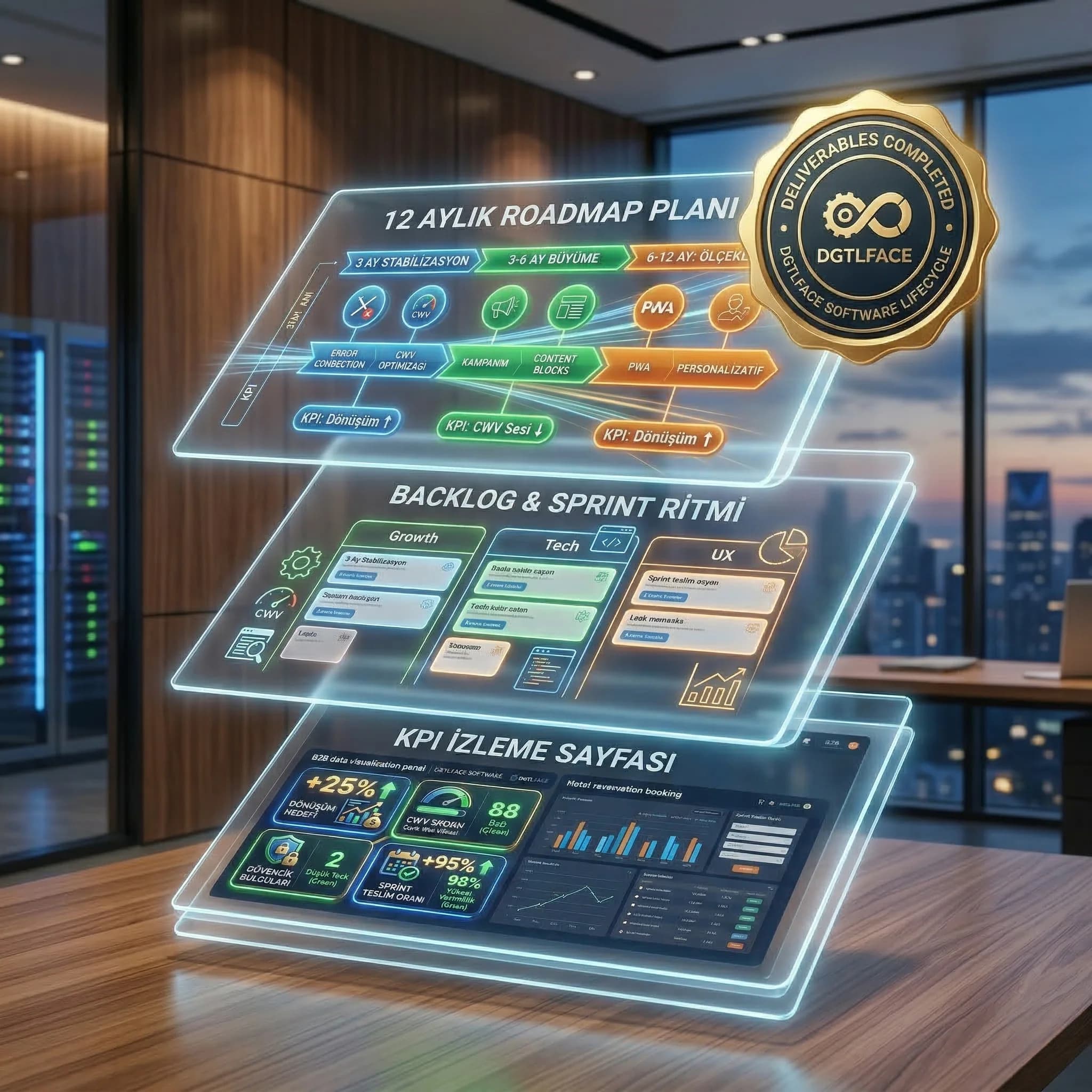 Roadmap deliverables kanıt kartı, 12 aylık plan ve sprint ritmi