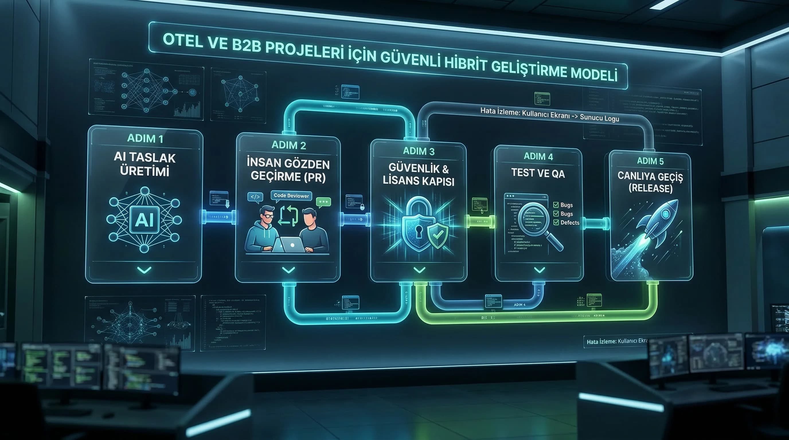 AI + insan geliştirme akış diyagramı, otel ve B2B’de güvenli hibrit model