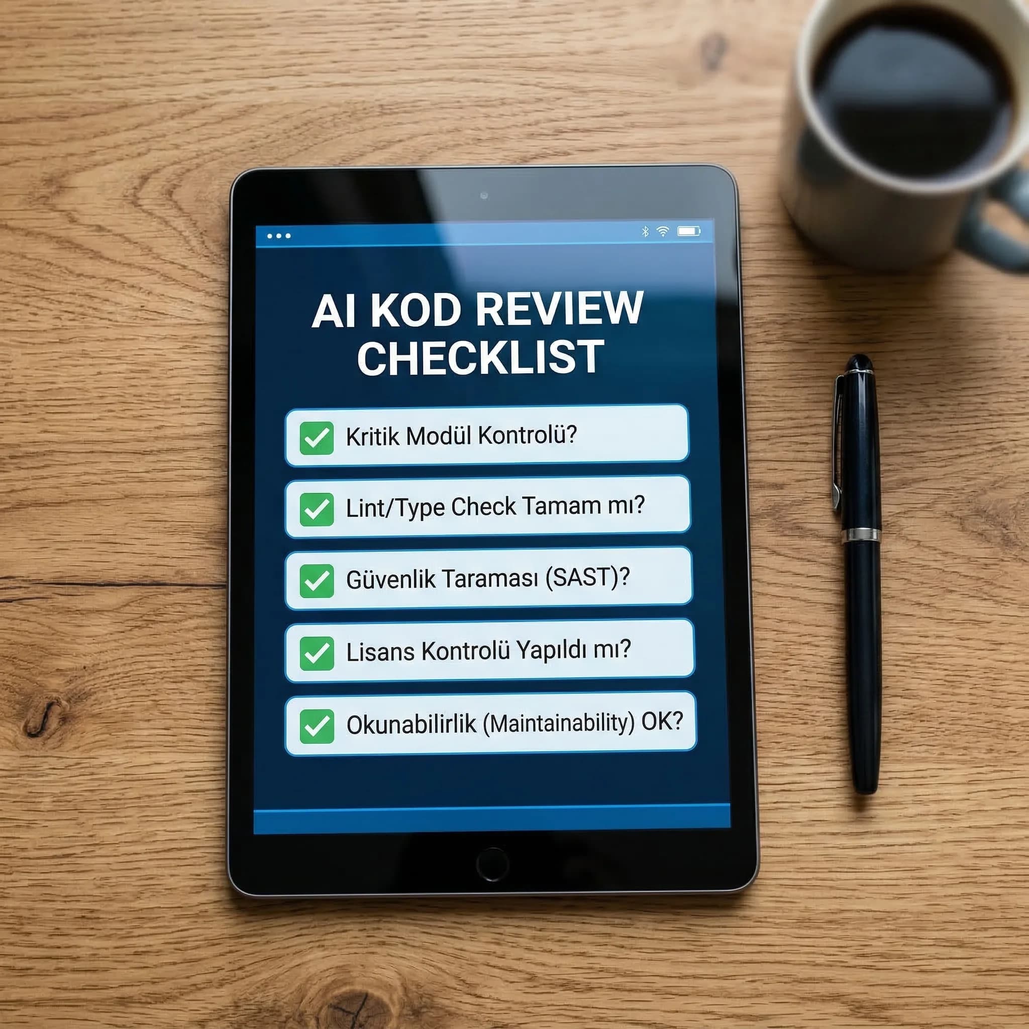 AI kod üretimi checklist kartı, kurumsal web projelerinde güvenli review