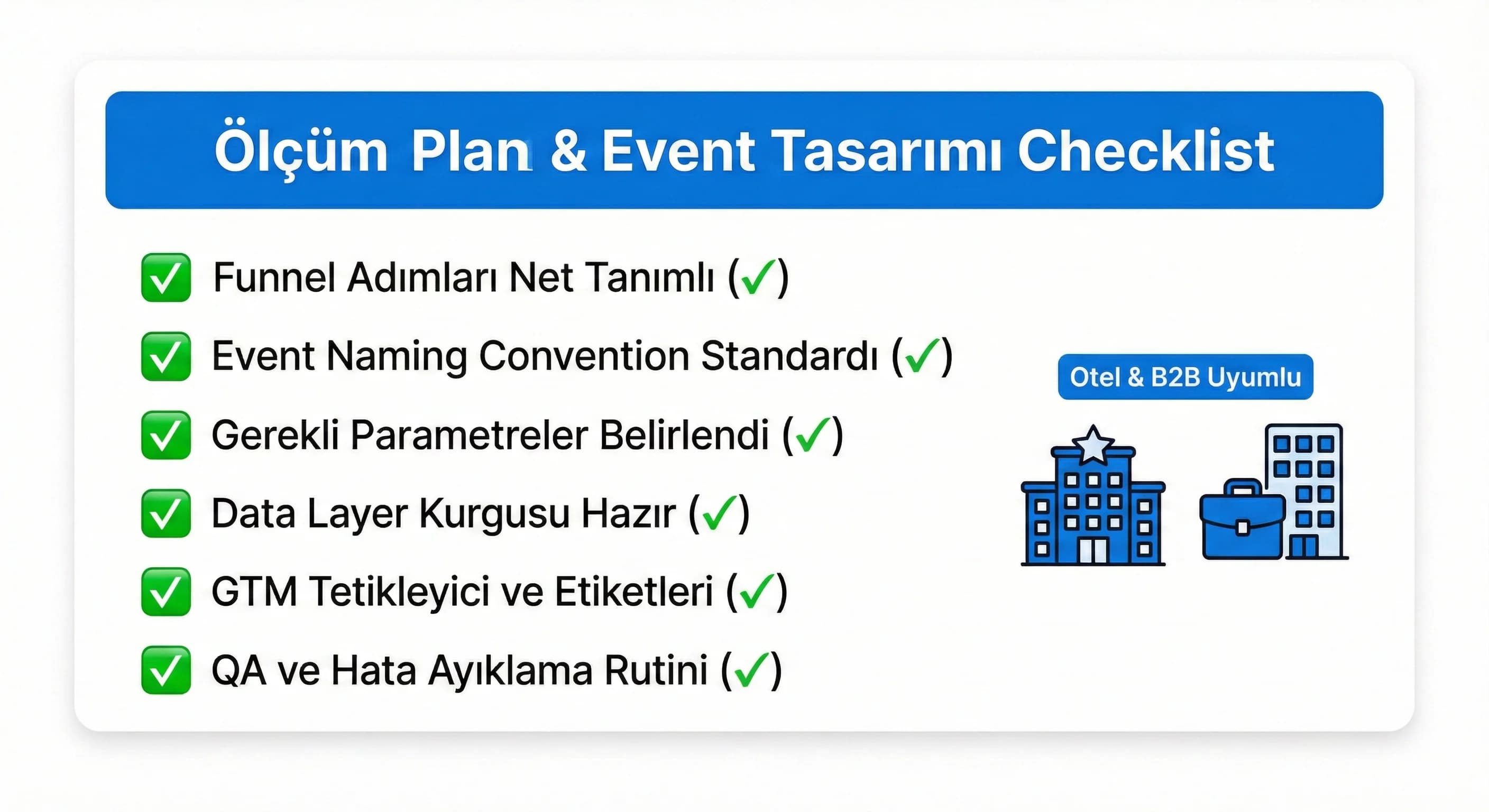 Ölçüm planı ve event tasarımı checklist kartı, otel ve B2B funne