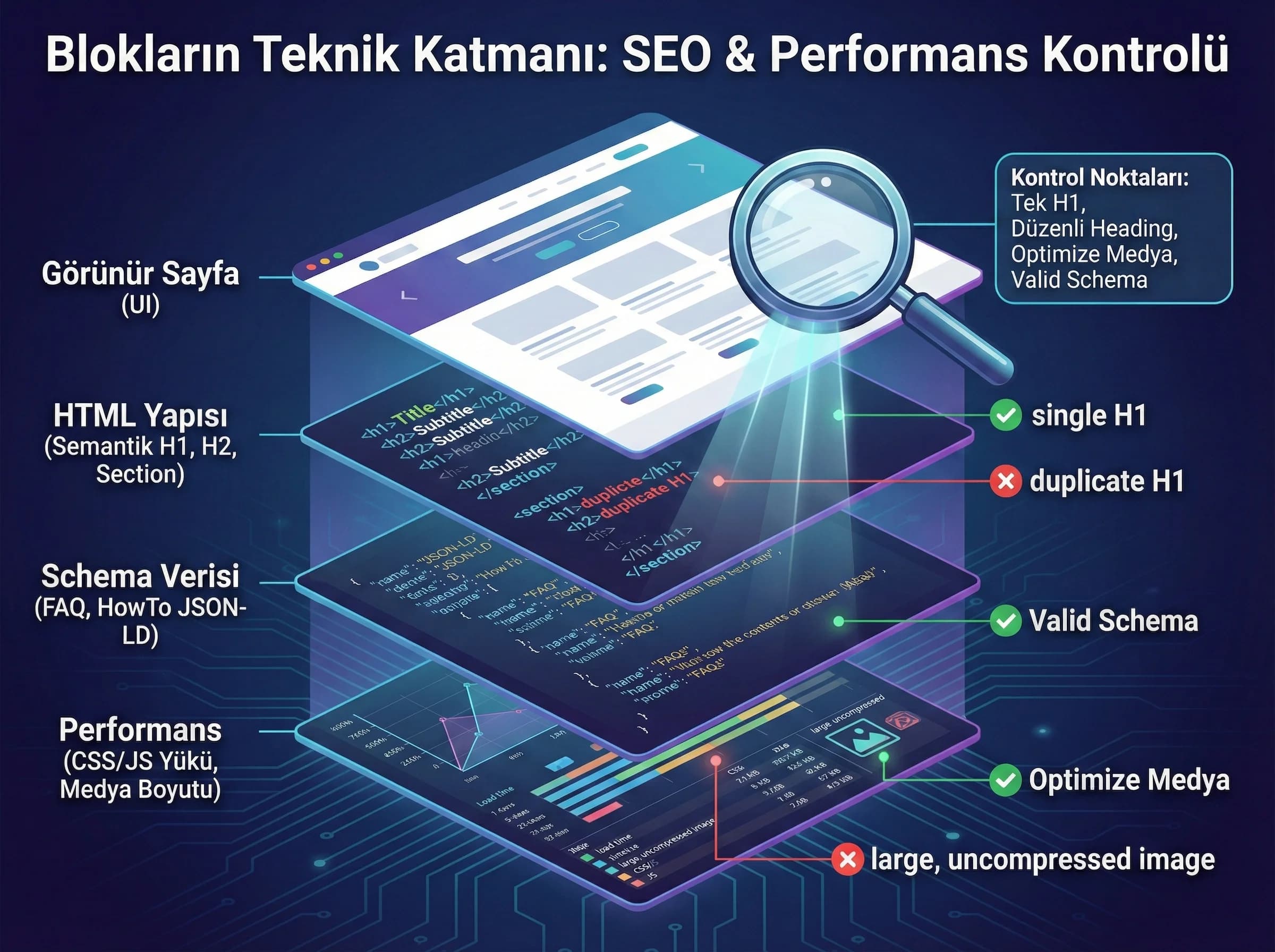 SEO ve performans kontrol katmanı görseli, teknik ekip bağlamı