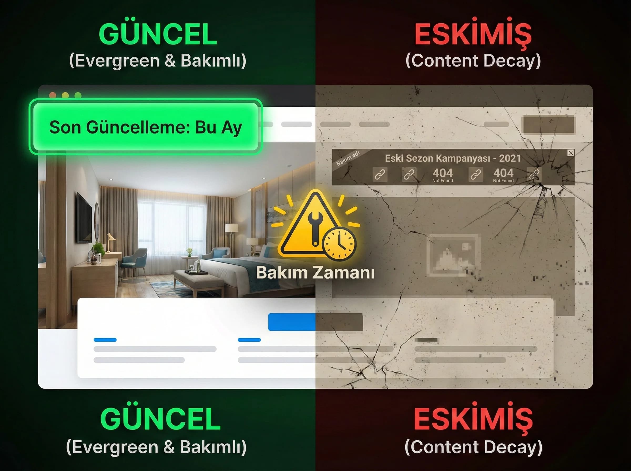 Content decay ve arşiv politikası görseli, SEO bakım bağlamı