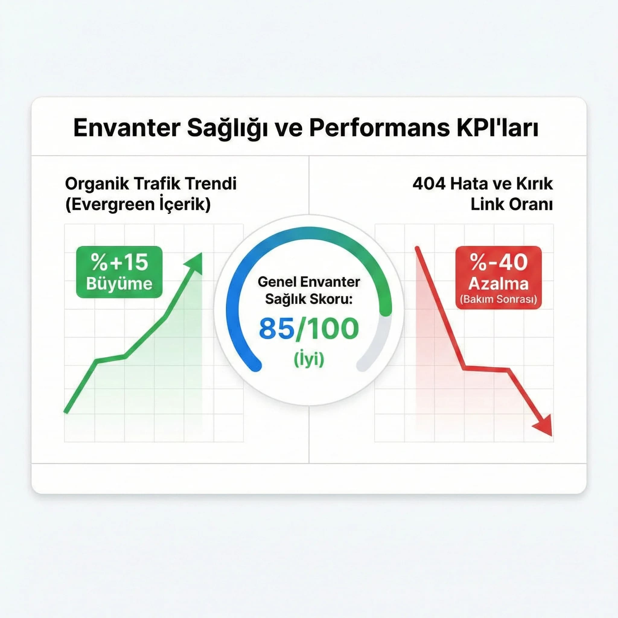 Organik performans ve 404 KPI kartı, envanter sağlığı bağlamı