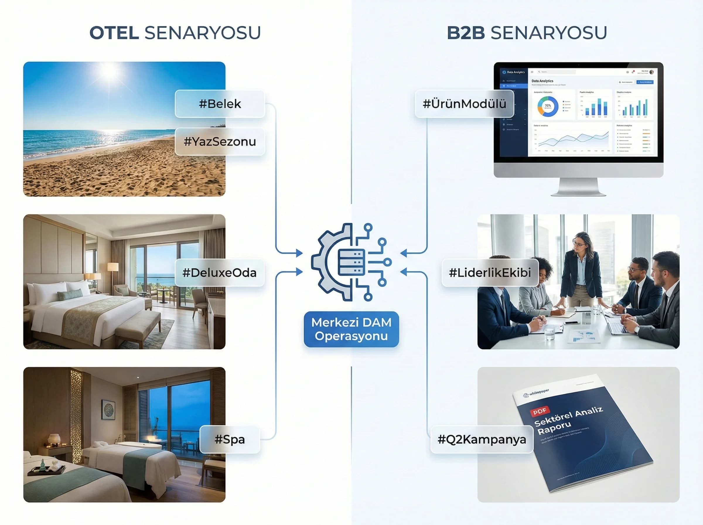 Otel ve B2B DAM senaryoları görseli, üretim operasyon bağlamı