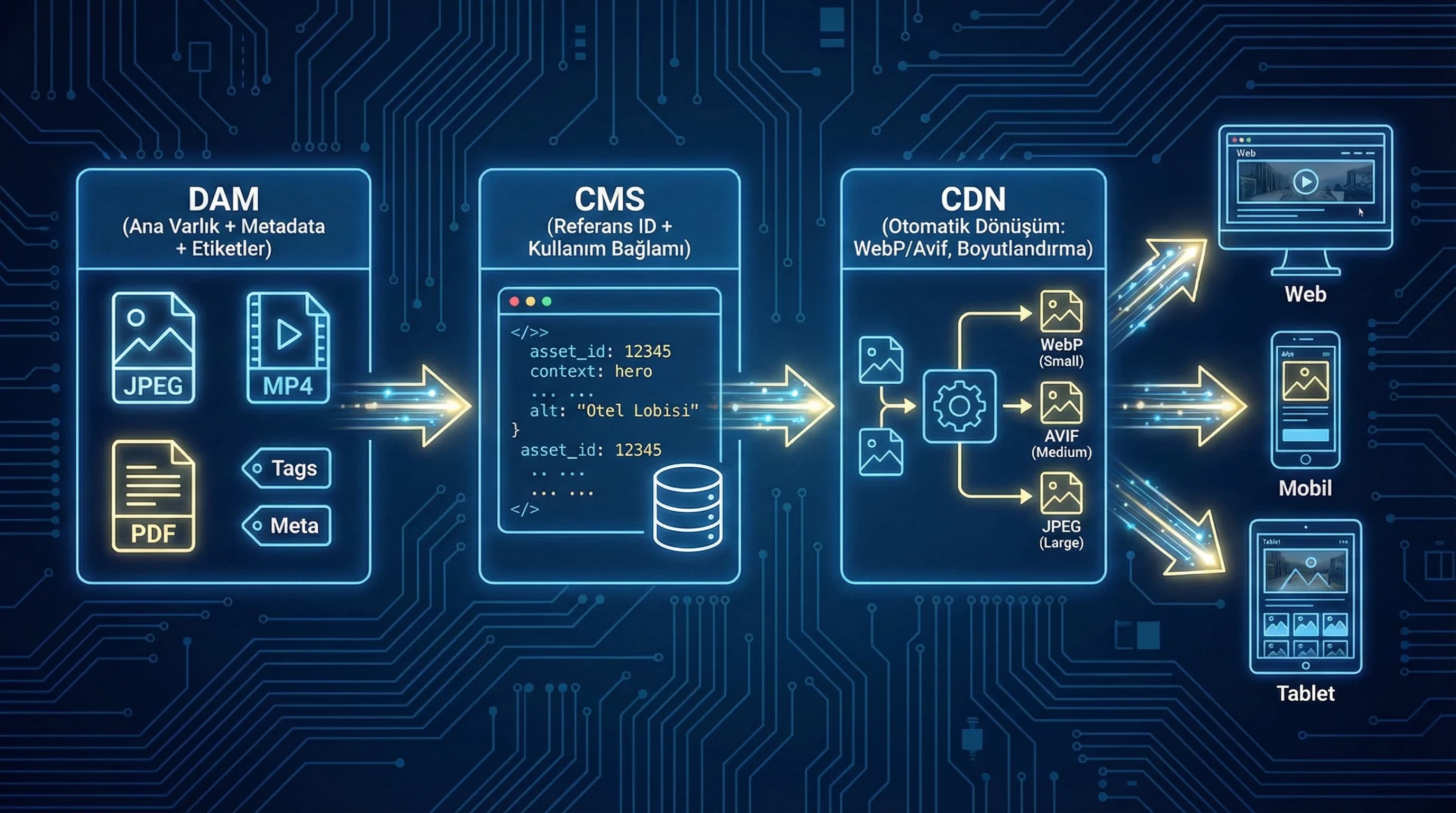 CMS DAM entegrasyon akış diyagramı, merkezi medya mimarisi bağlamı