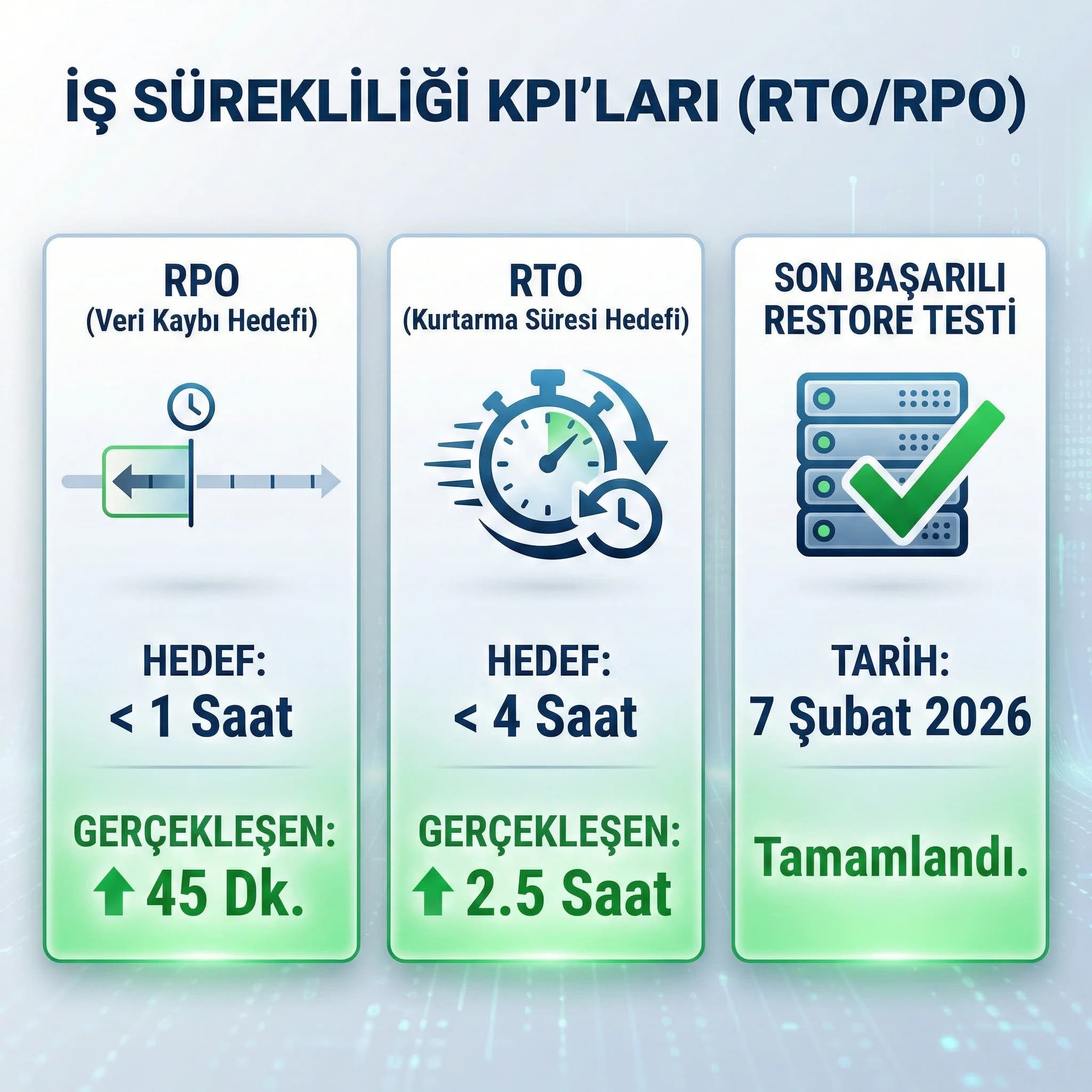 RTO RPO ve restore süresi KPI kartı, iş sürekliliği bağlamı