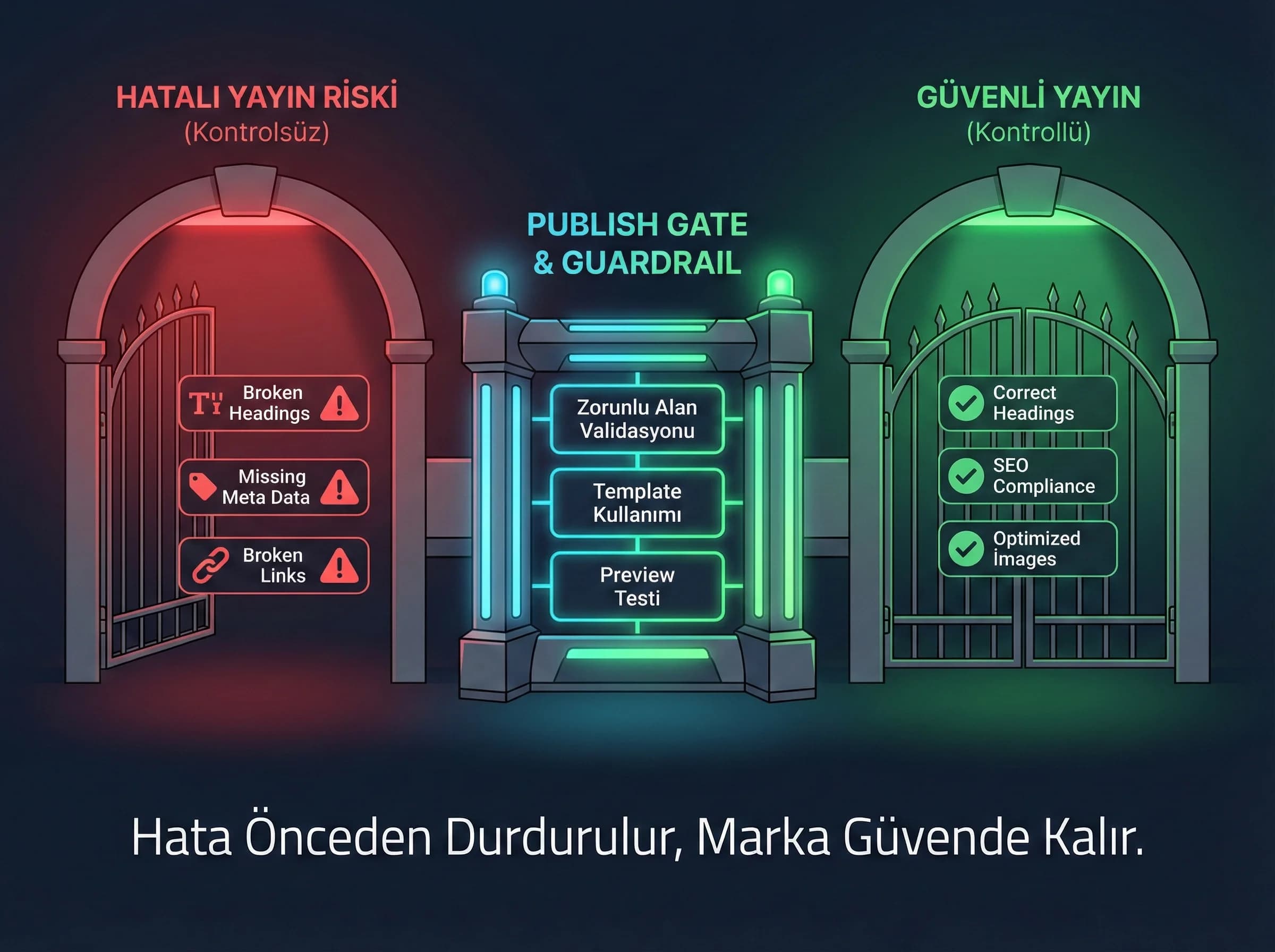 Guardrail ve sık hata önleme görseli, yayın güvenliği bağlamı