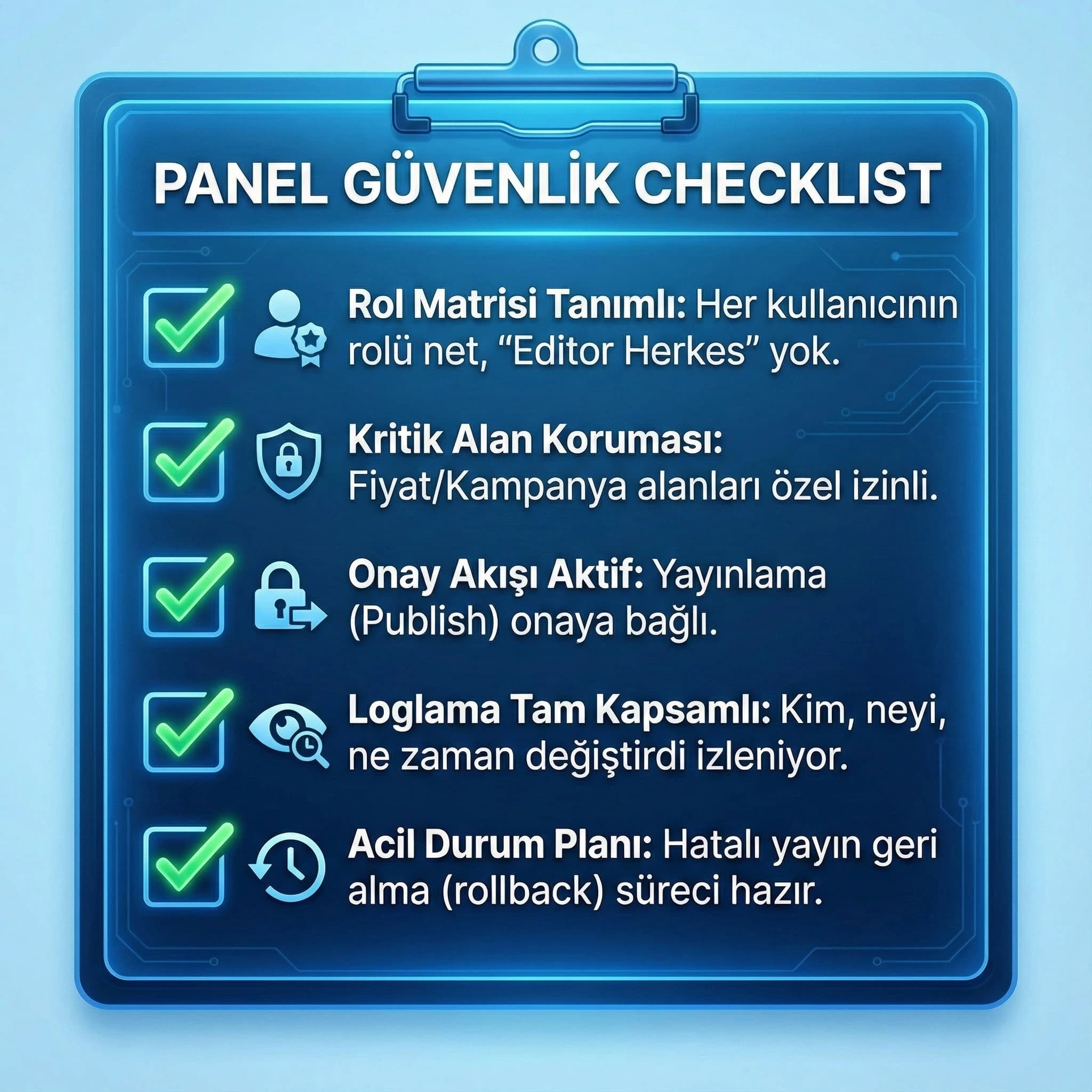 Panel güvenlik checklist kartı, içerik ve IT ekipleri bağlamı