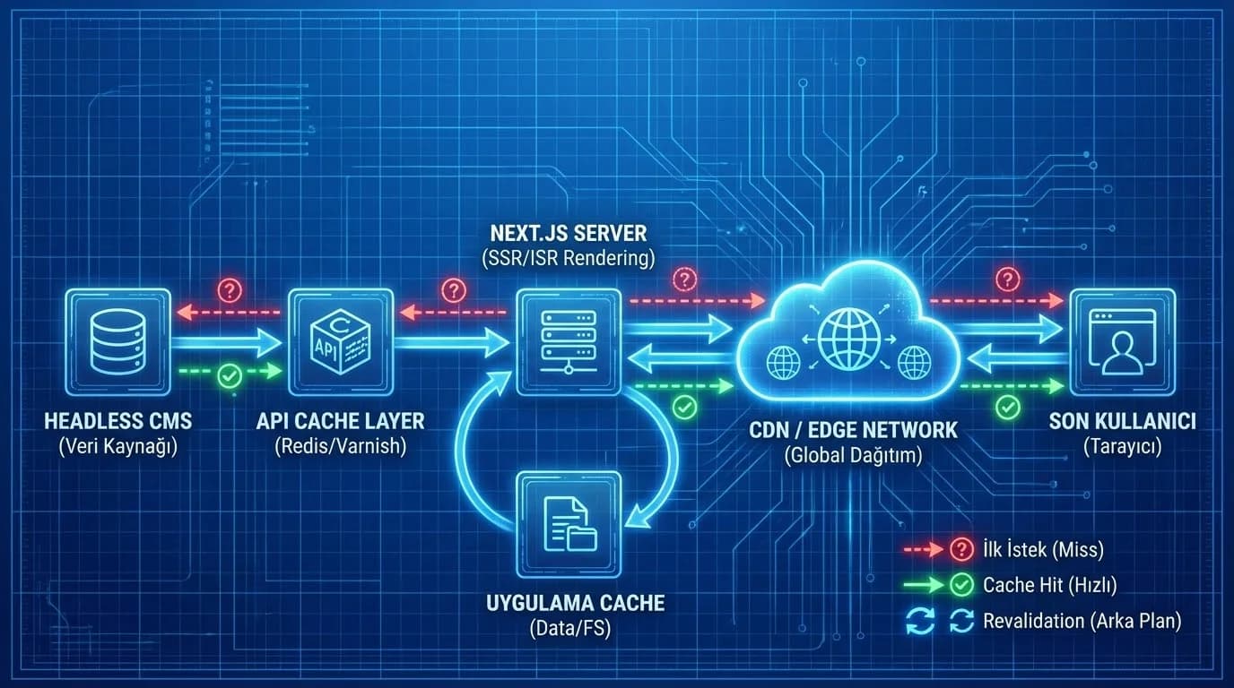 Headless CMS Next.js CDN cache diyagramı, hız güncellik dengesi