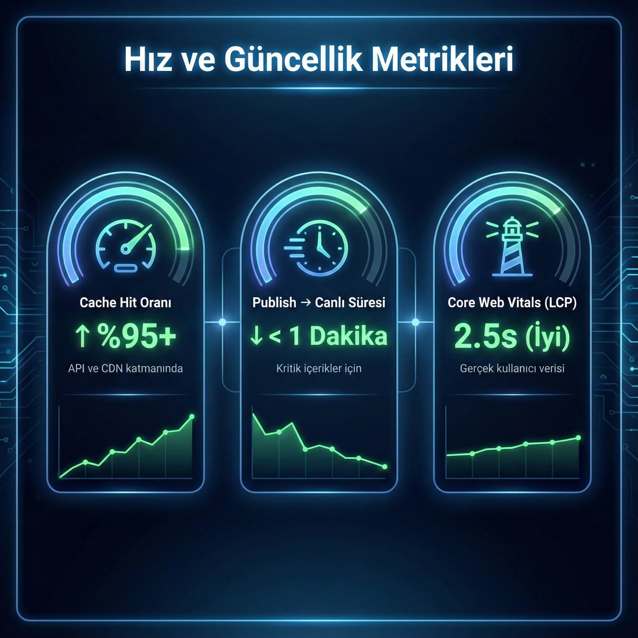 Cache hit ve publish live KPI kartı, otel ve B2B bağlamı
