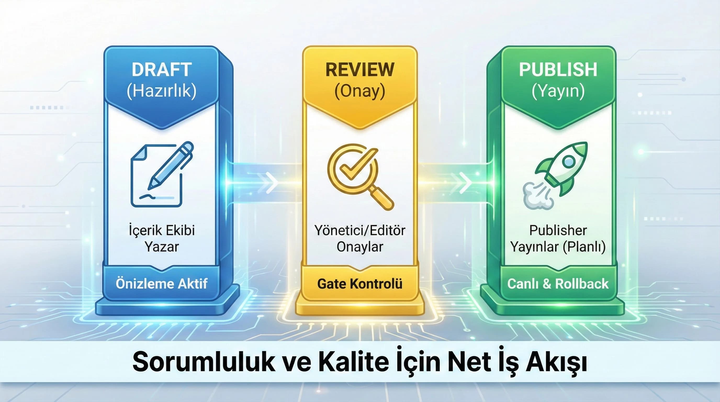 Draft review publish ayrımını anlatan görsel, yayın güvenliği bağlamı
