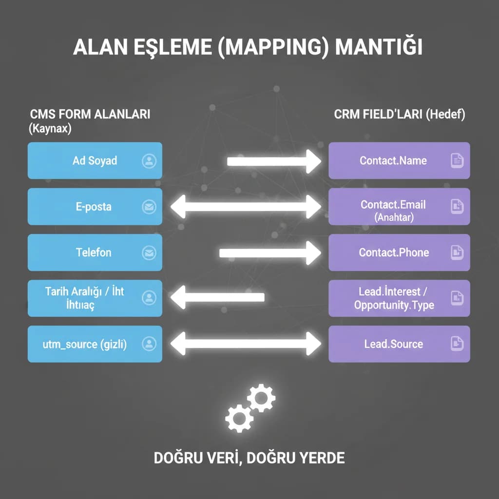 Form alan eşleme mantığı görseli, CRM veri sözleşmesi bağlamı