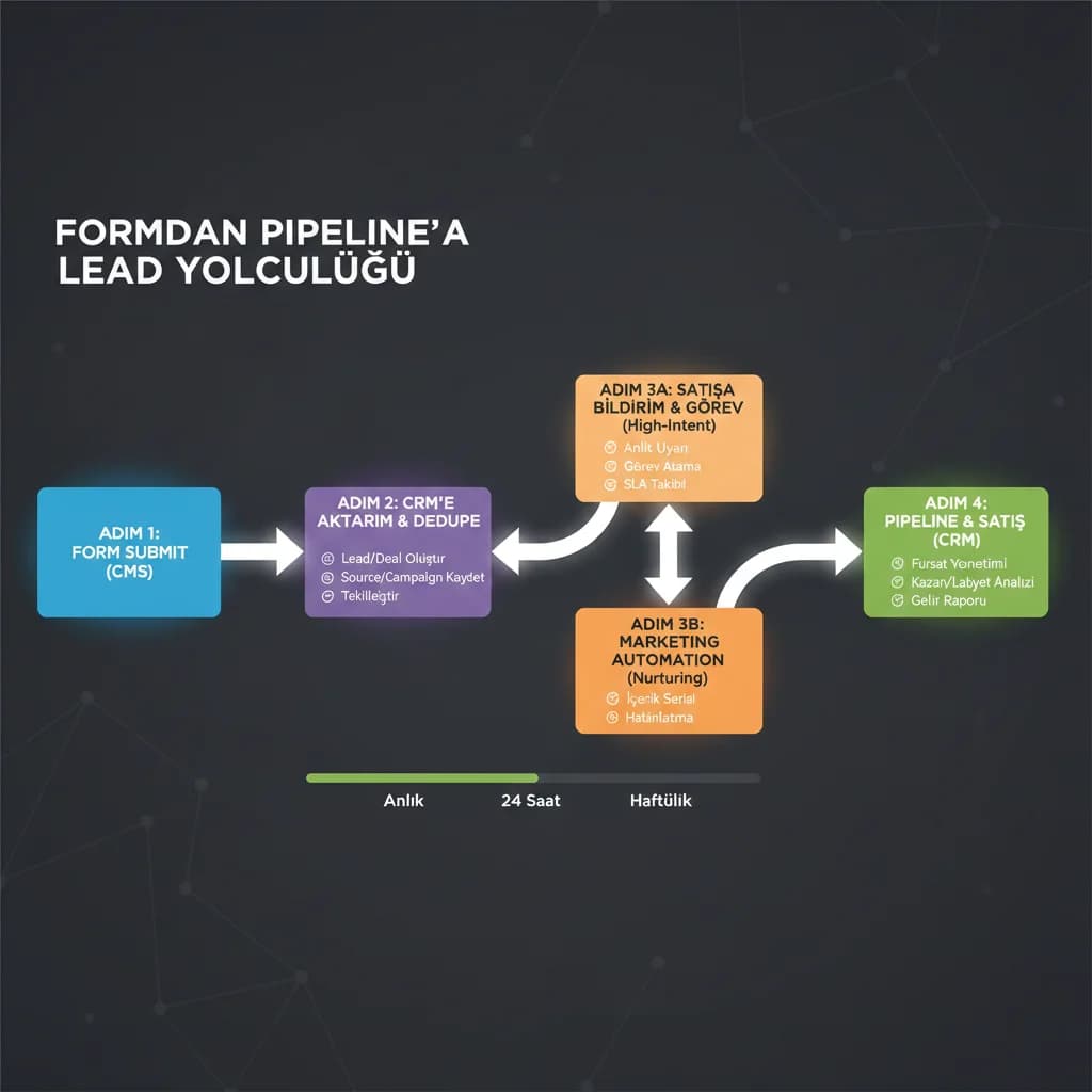 CMS form CRM automation funnel diyagramı, lead journey bağlamı