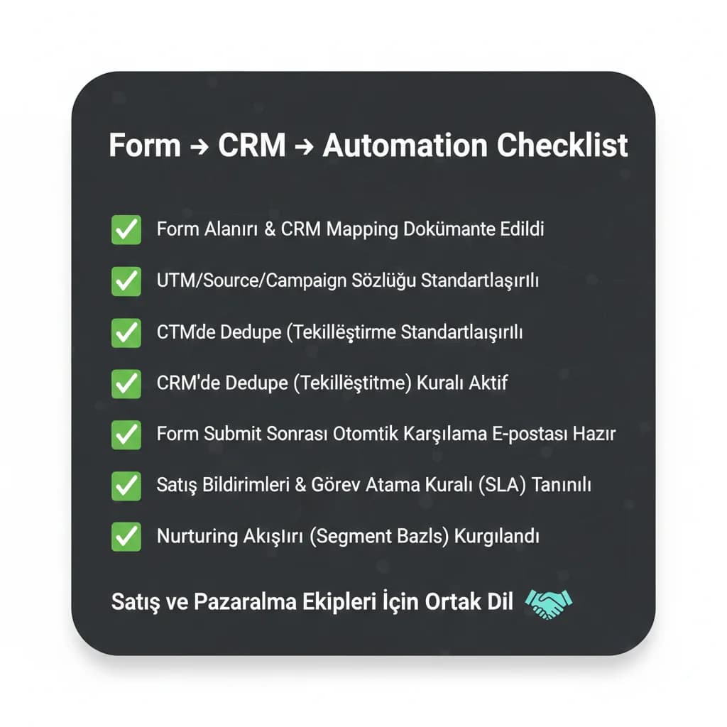 Form CRM automation checklist kartı, satış ve pazarlama ekipleri bağlamı