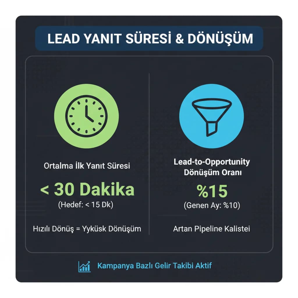 Lead yanıt süresi ve dönüşüm KPI kartı, pipeline bağlamı