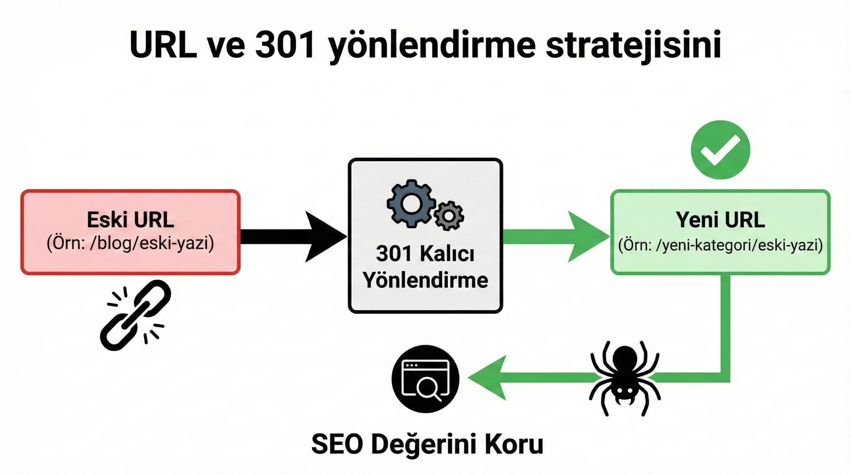 URL ve 301 redirect plan şeması, SEO güvenli replatforming bağlamı