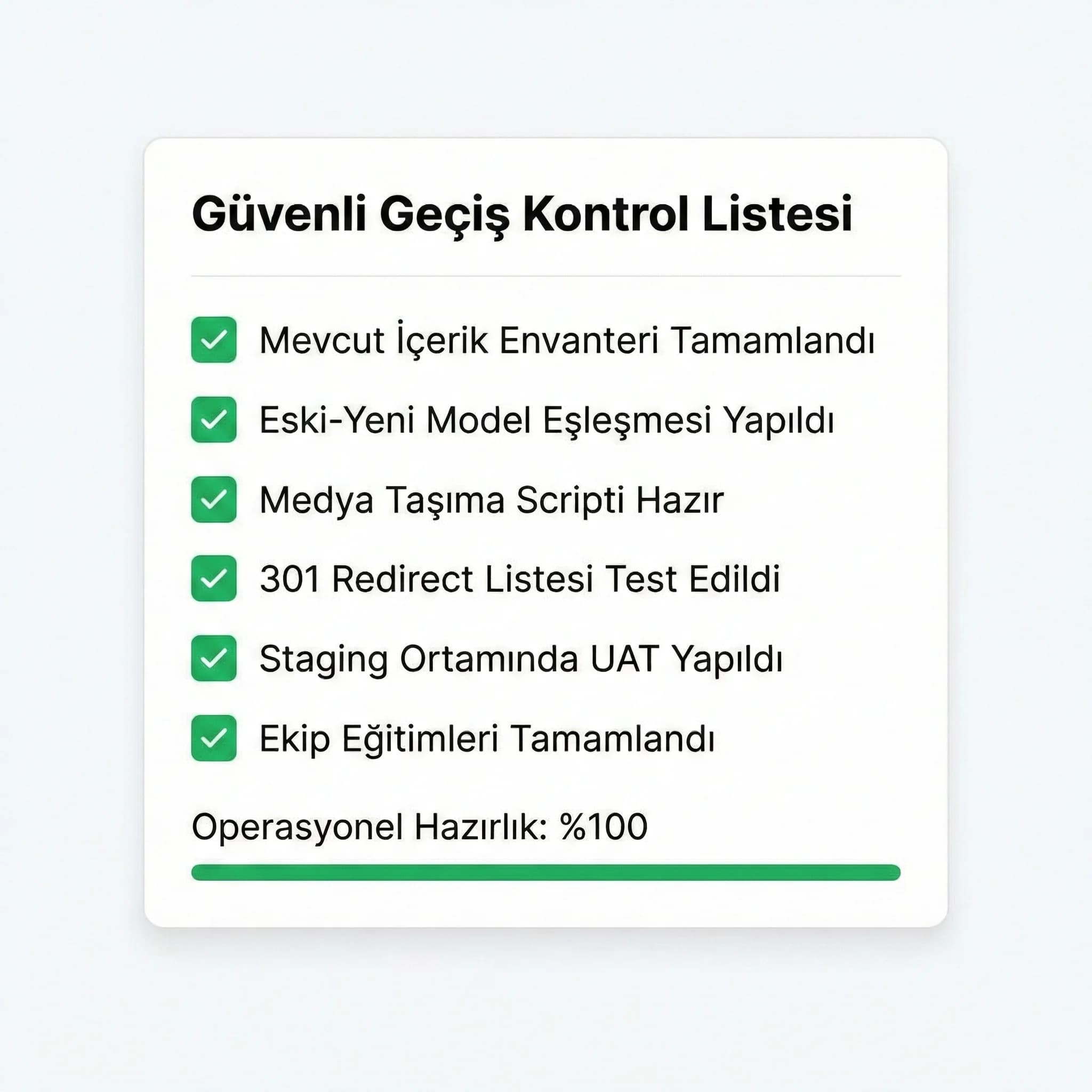 CMS migration checklist kartı, teknik ve içerik ekipleri bağlamı