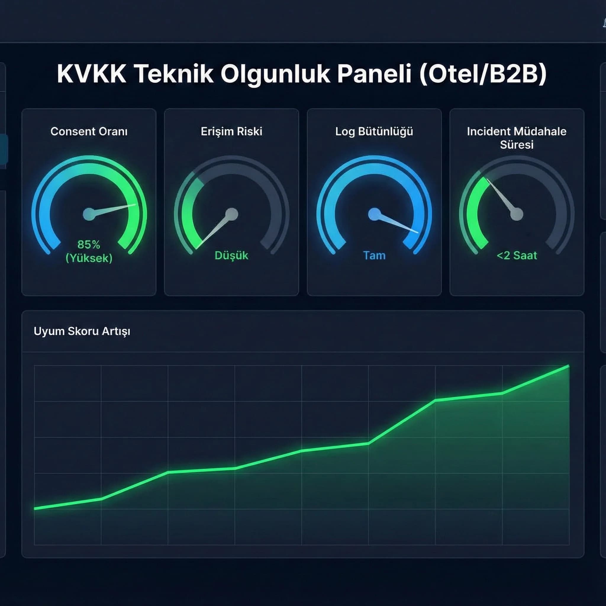 Log erişim yedekleme olgunluk KPI paneli, otel ve B2B uyumu