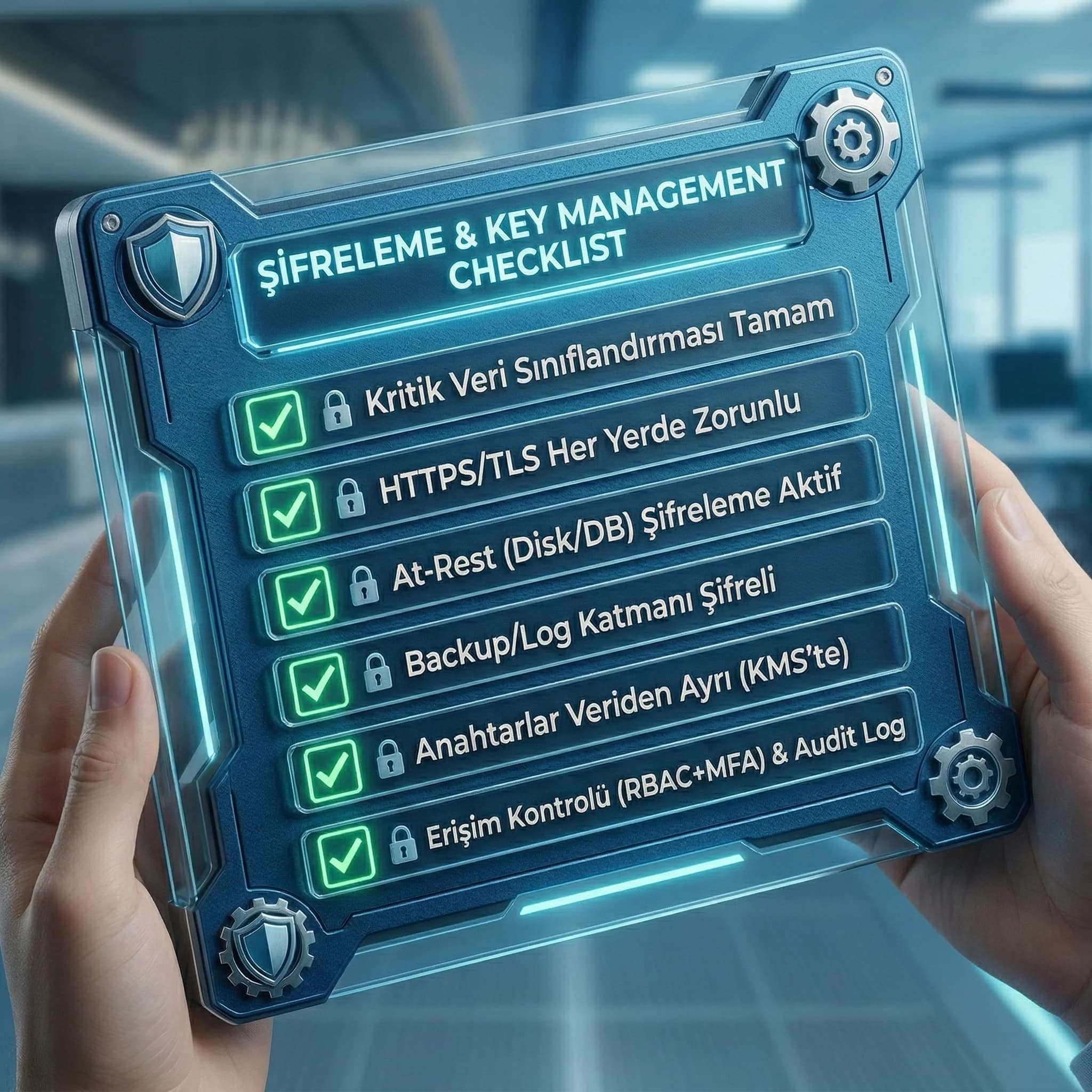 Şifreleme ve anahtar yönetimi checklist kartı, katmanlı koruma ve audit