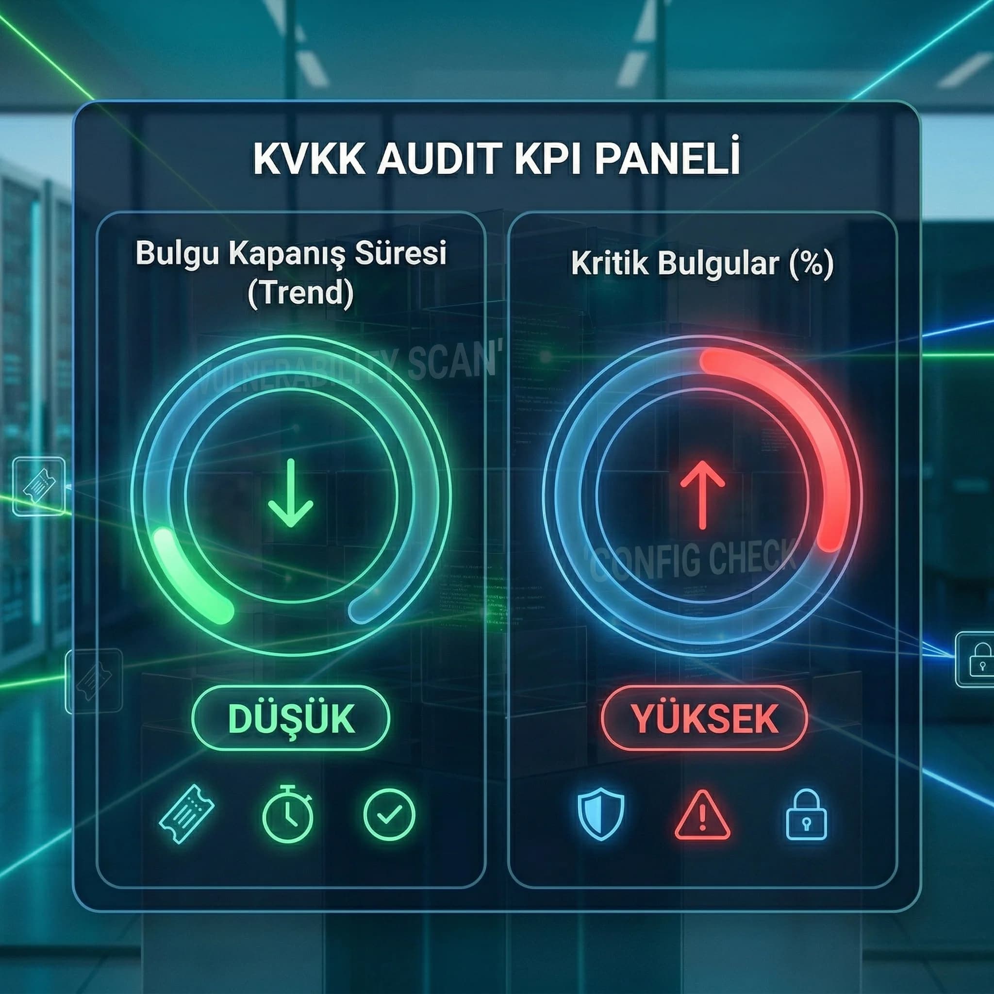 Kritik bulgu ve kapanış süresi KPI paneli, KVKK audit performansı