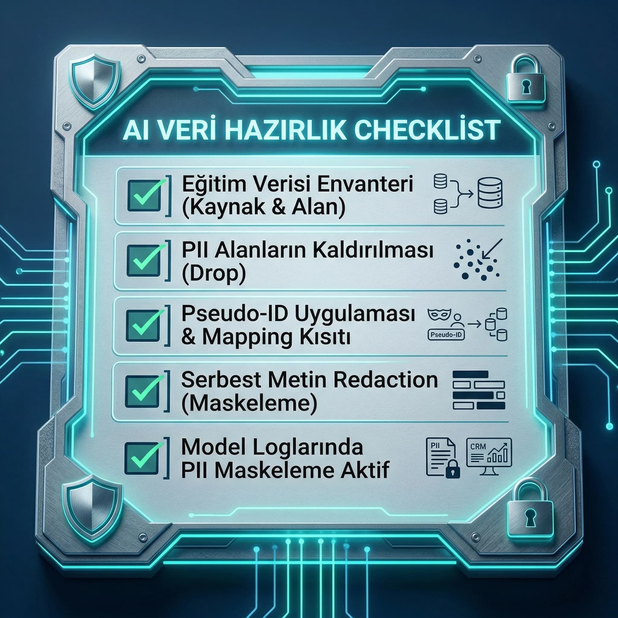 AI veri hazırlık checklist özeti, anonim pseudo ve logging, otel bağlamı
